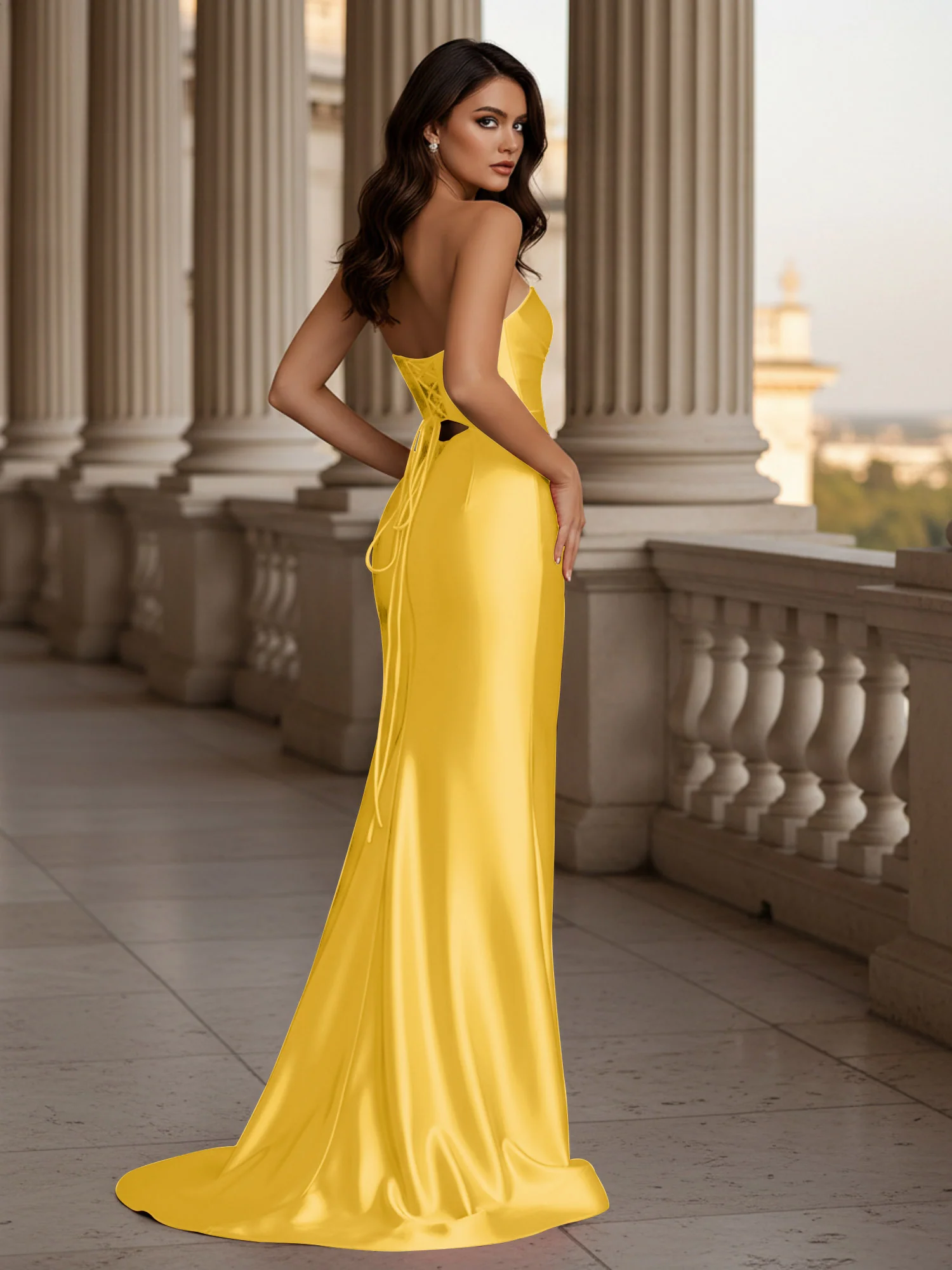 Pleated Sweetheart Cutout Bodycon Dress With Slit Marigold - Image 2