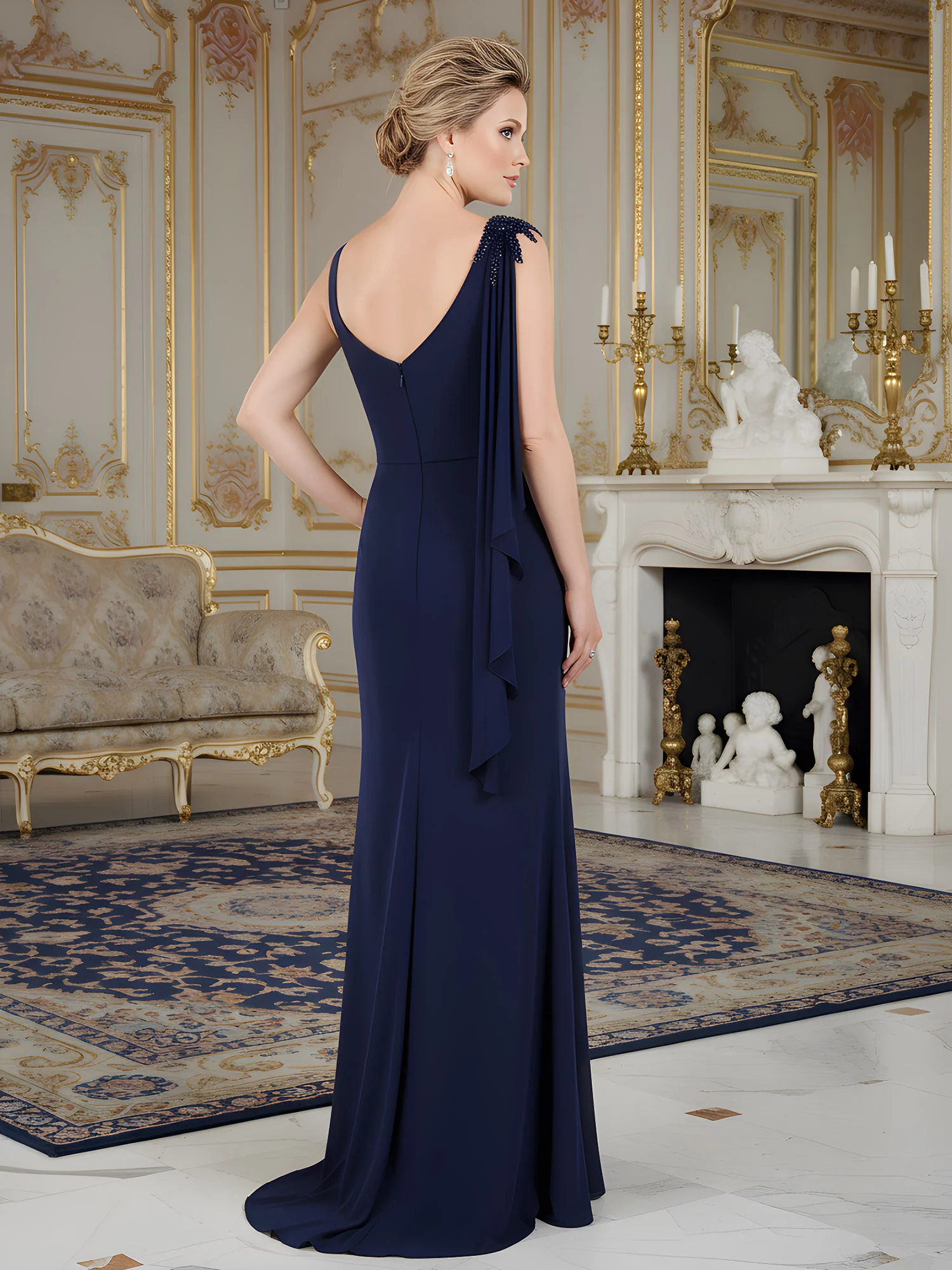 Beaded Asymmetrical Neck Pleated Sweep Train Gown Dark Navy - Image 2