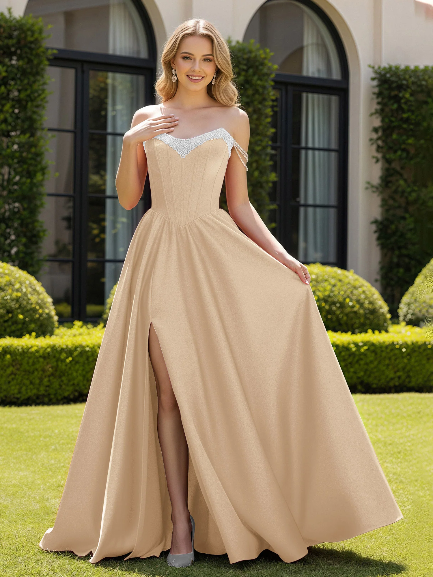 Beaded Off-the-shoulder A-line Sweep Train Slit Gown Champagne