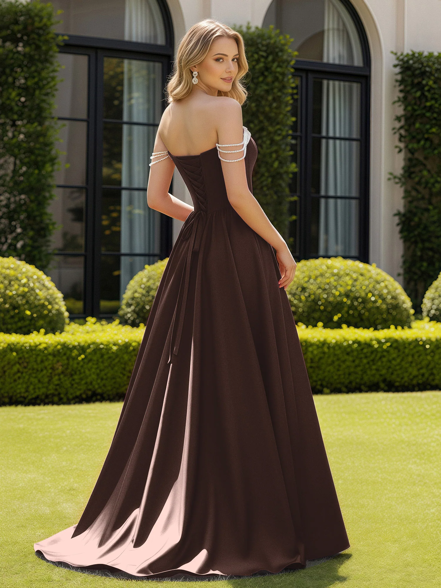 Beaded Off-the-shoulder A-line Sweep Train Slit Gown Chocolate - Image 2