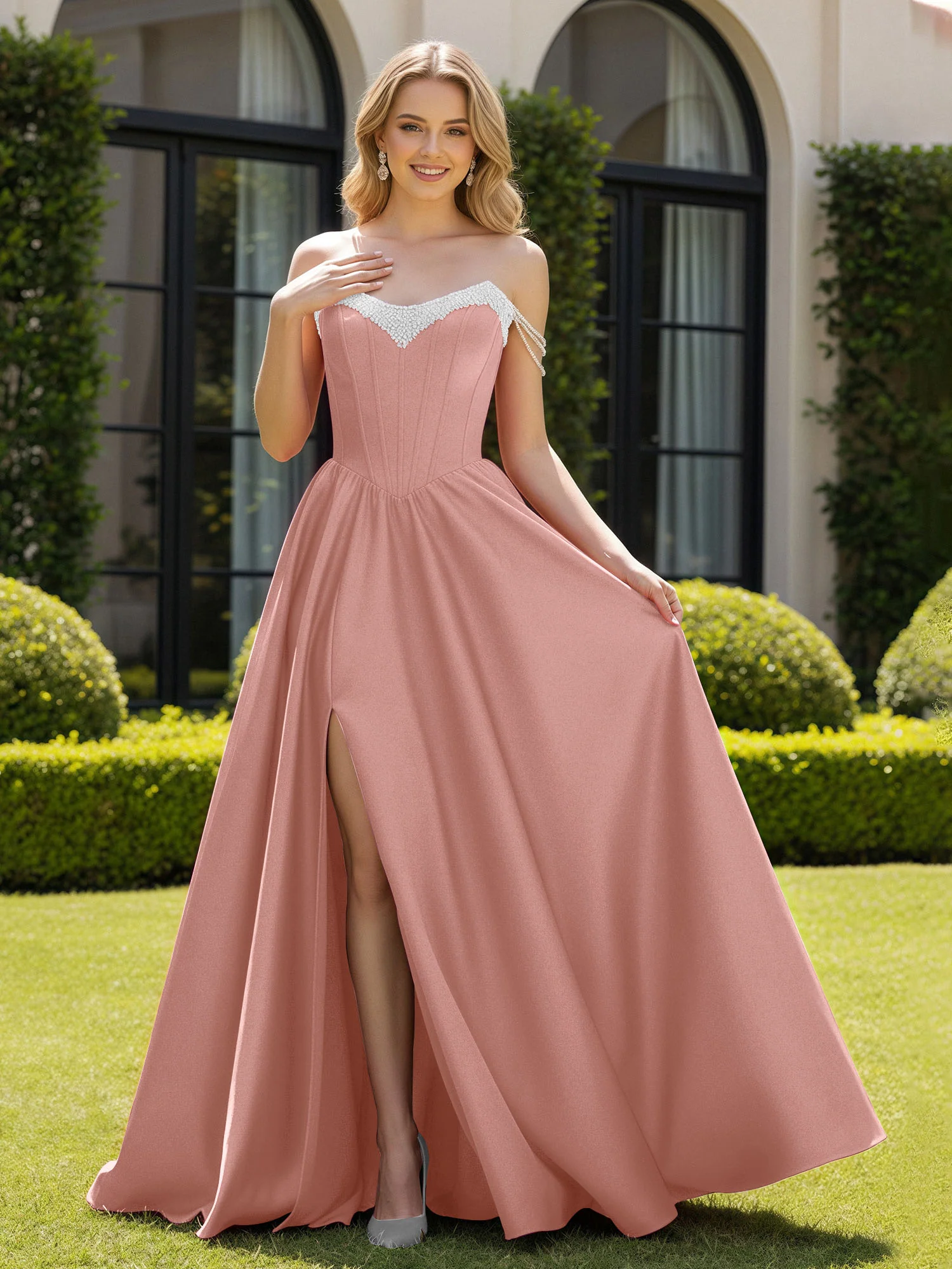 Beaded Off-the-shoulder A-line Sweep Train Slit Gown Dusty Rose