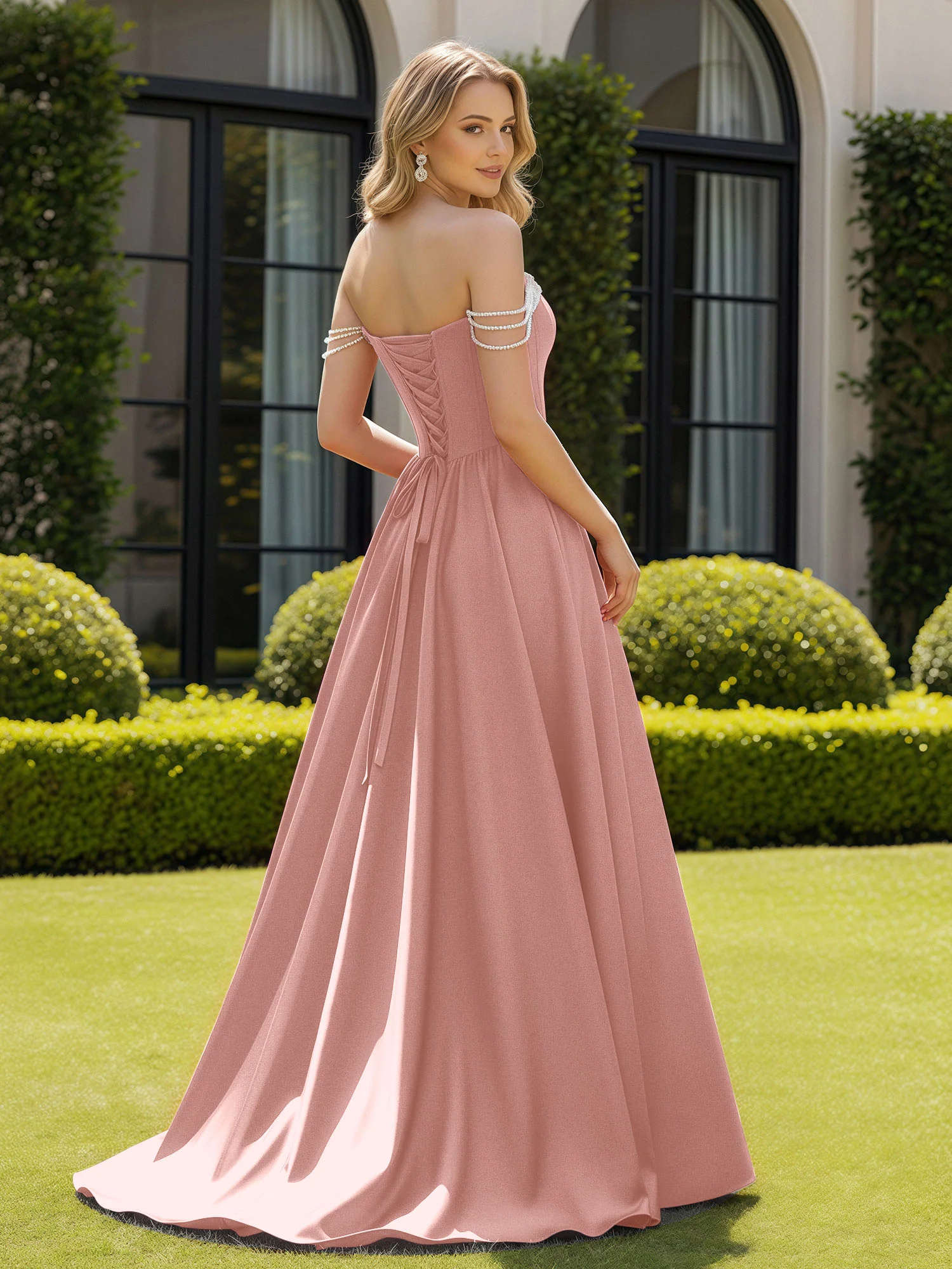 Beaded Off-the-shoulder A-line Sweep Train Slit Gown Dusty Rose - Image 2