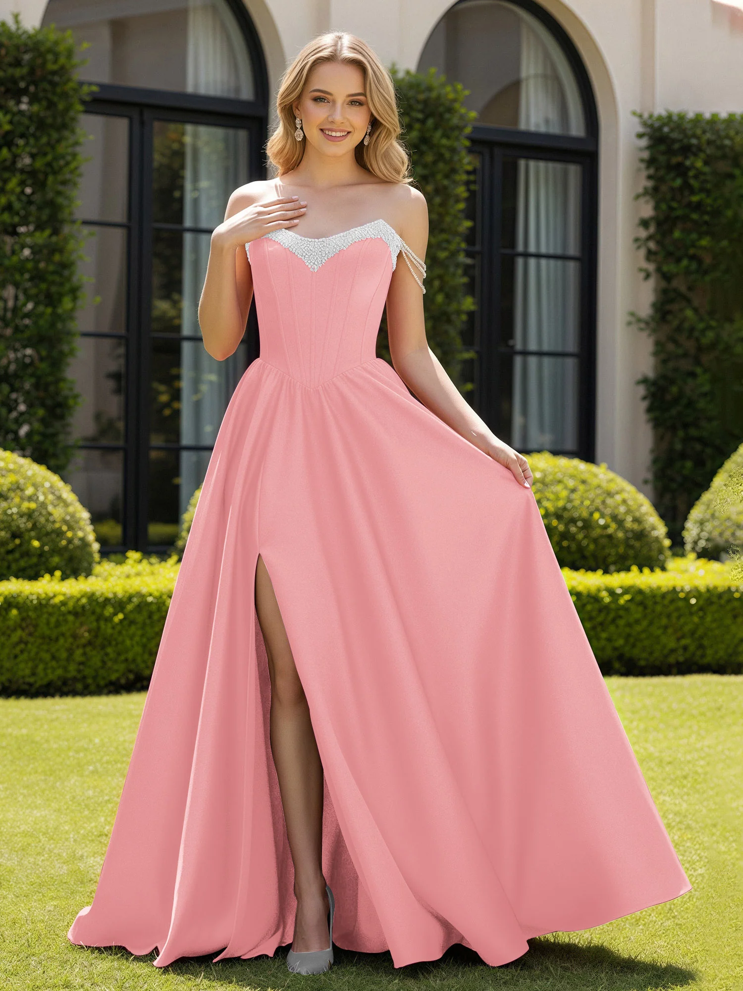 Beaded Off-the-shoulder A-line Sweep Train Slit Gown Flamingo