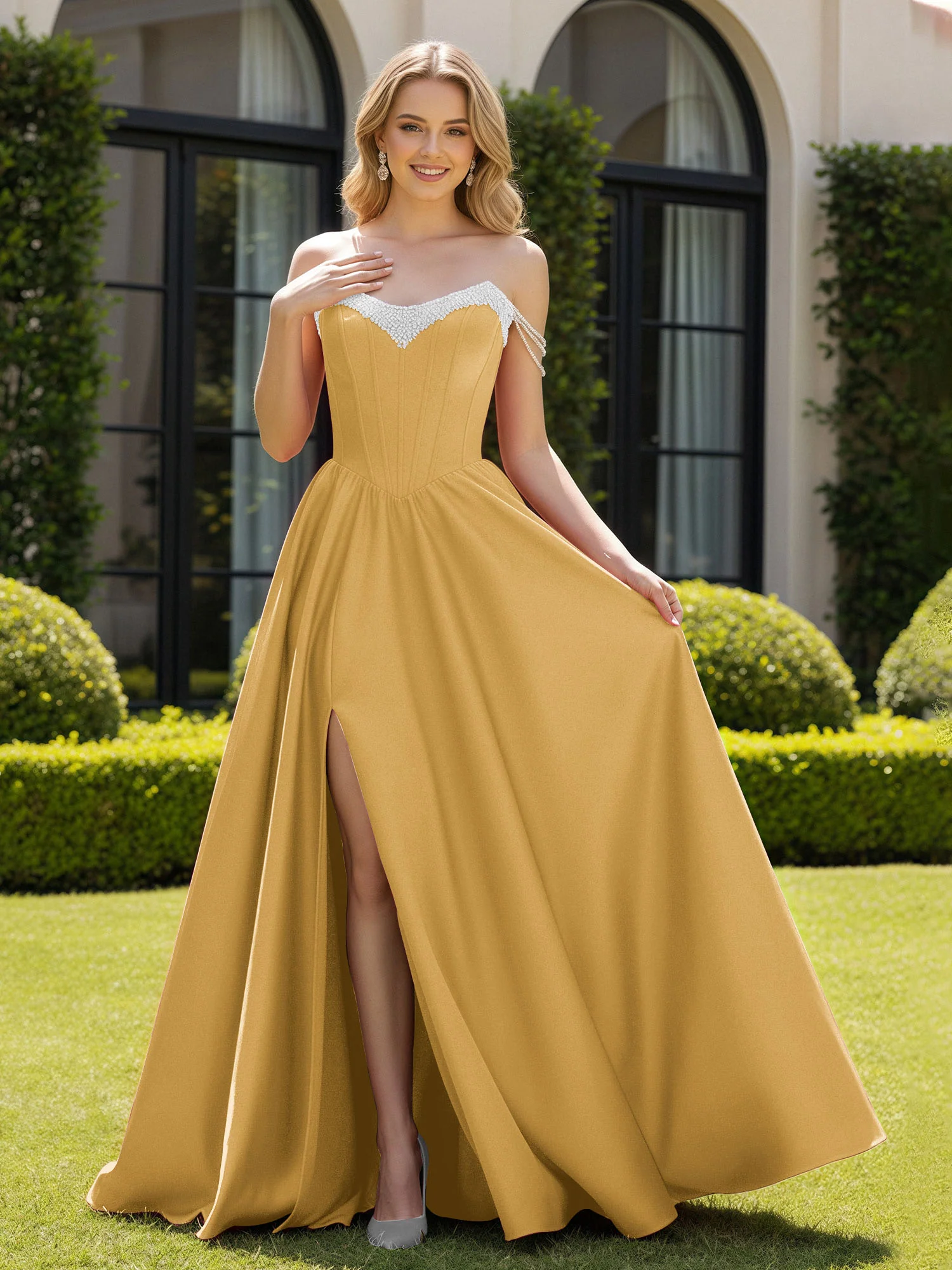 Beaded Off-the-shoulder A-line Sweep Train Slit Gown Gold