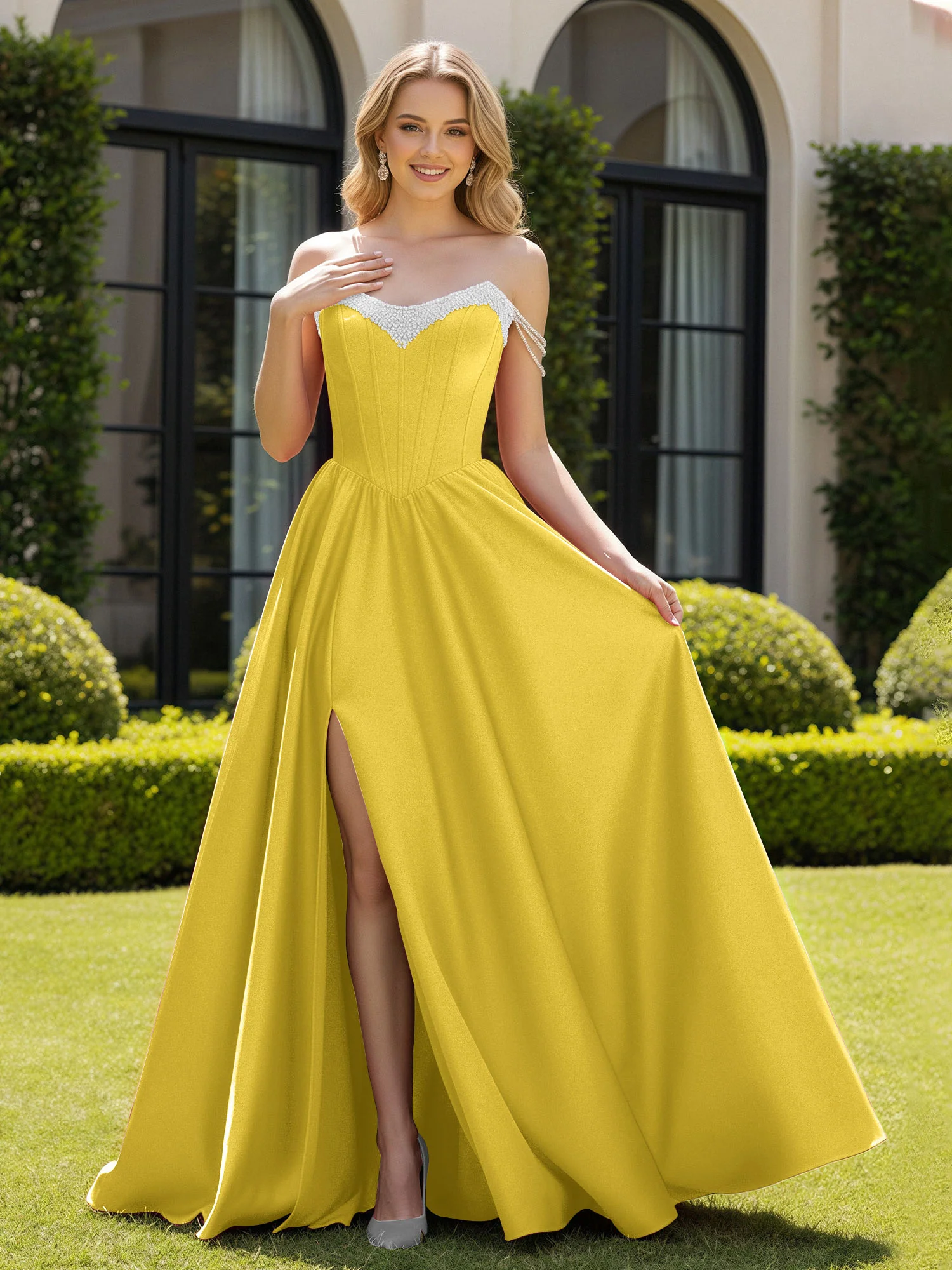 Beaded Off-the-shoulder A-line Sweep Train Slit Gown Marigold