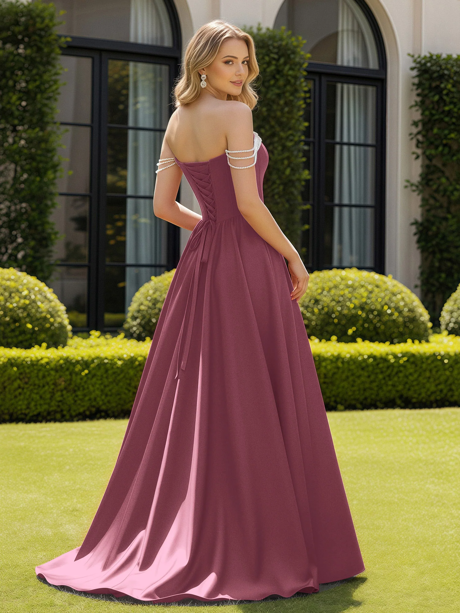 Beaded Off-the-shoulder A-line Sweep Train Slit Gown Mulberry - Image 2