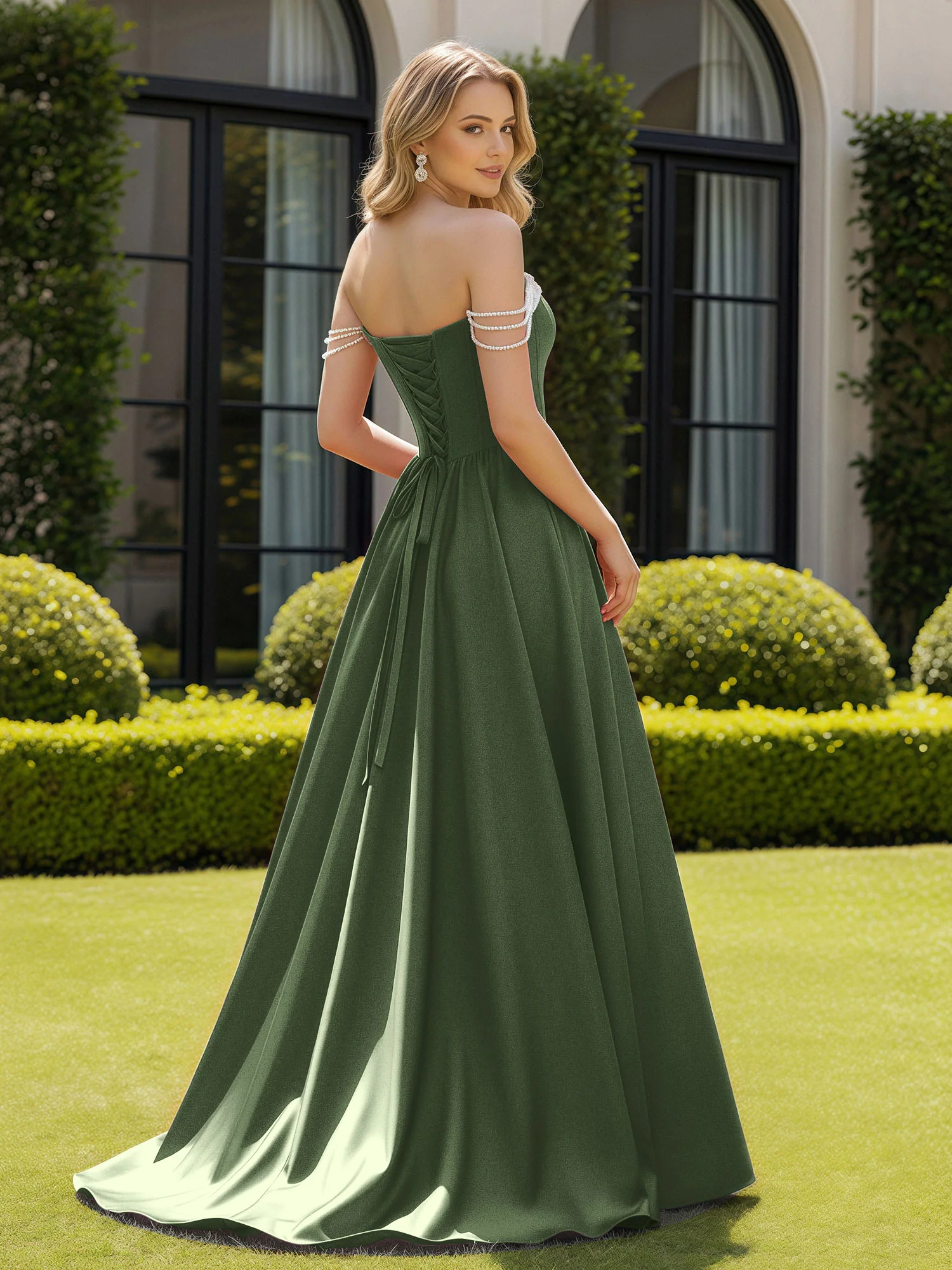 Beaded Off-the-shoulder A-line Sweep Train Slit Gown Olive Green - Image 2