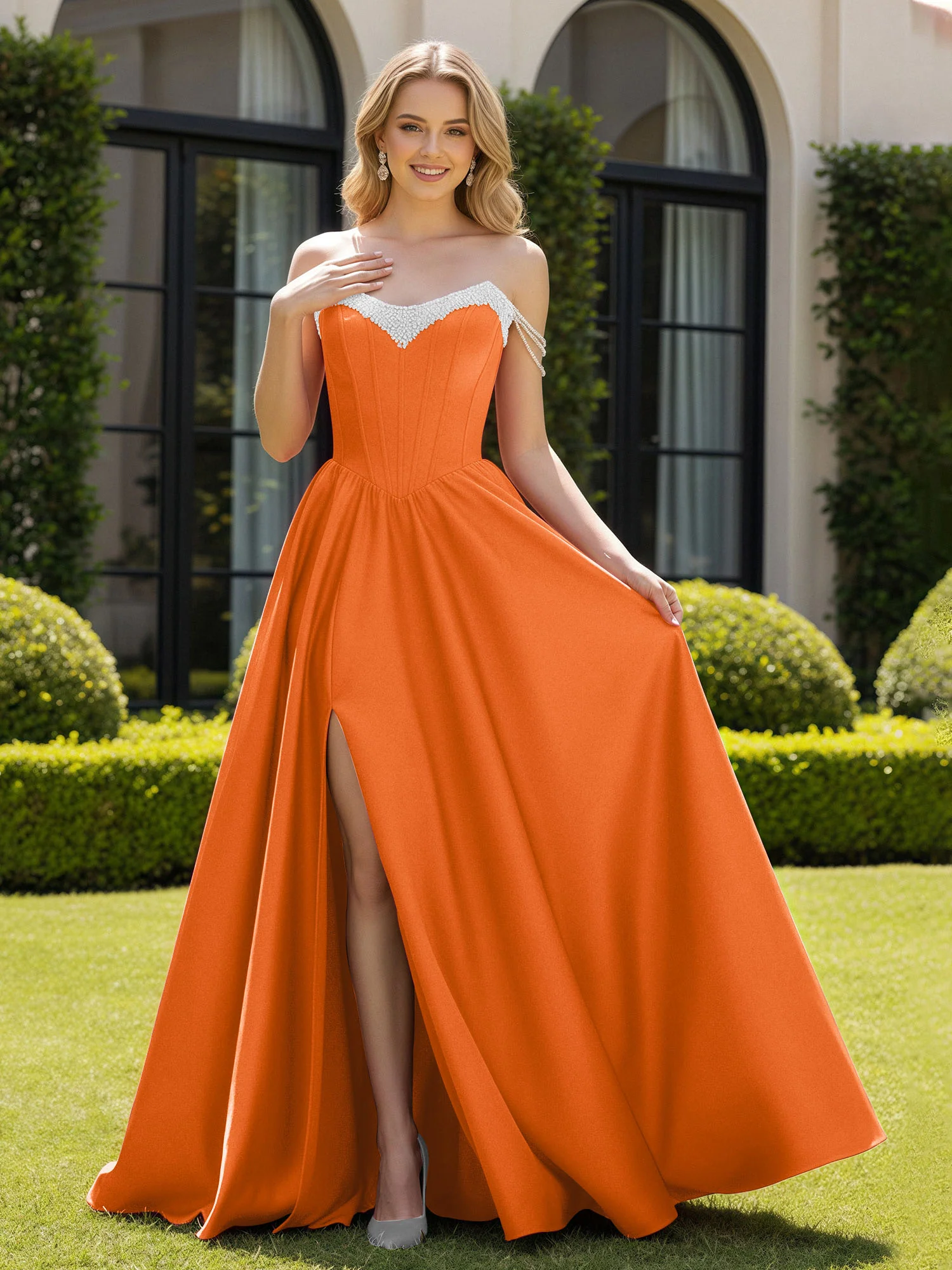 Beaded Off-the-shoulder A-line Sweep Train Slit Gown Orange