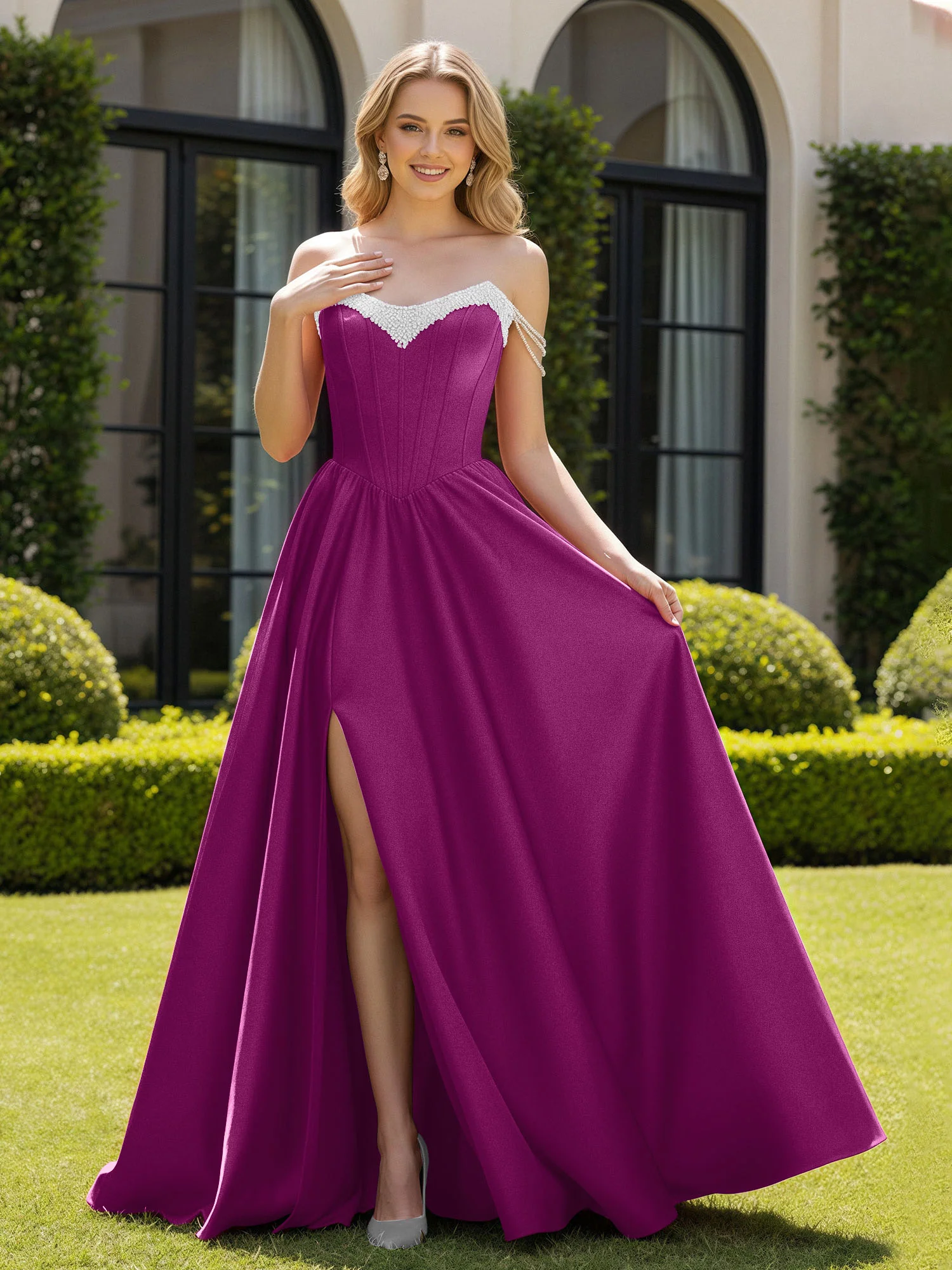 Beaded Off-the-shoulder A-line Sweep Train Slit Gown Orchid