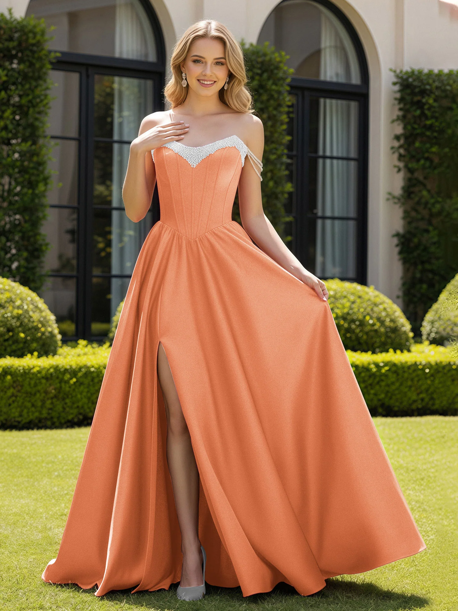 Beaded Off-the-shoulder A-line Sweep Train Slit Gown Papaya