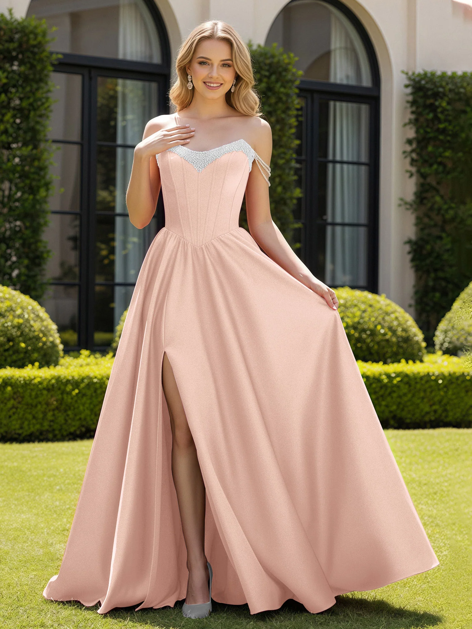 Beaded Off-the-shoulder A-line Sweep Train Slit Gown Pearl Pink