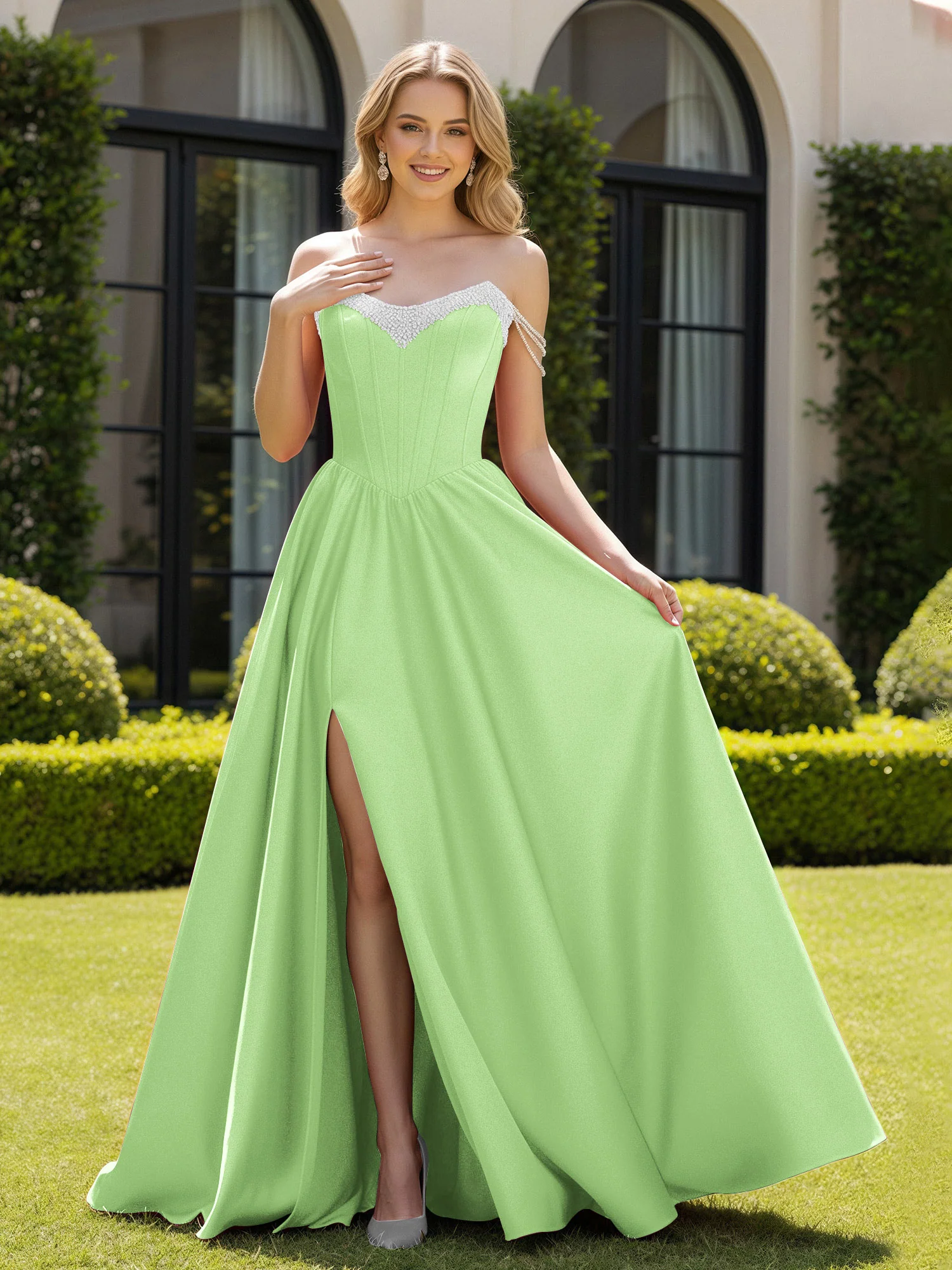 Beaded Off-the-shoulder A-line Sweep Train Slit Gown Sage
