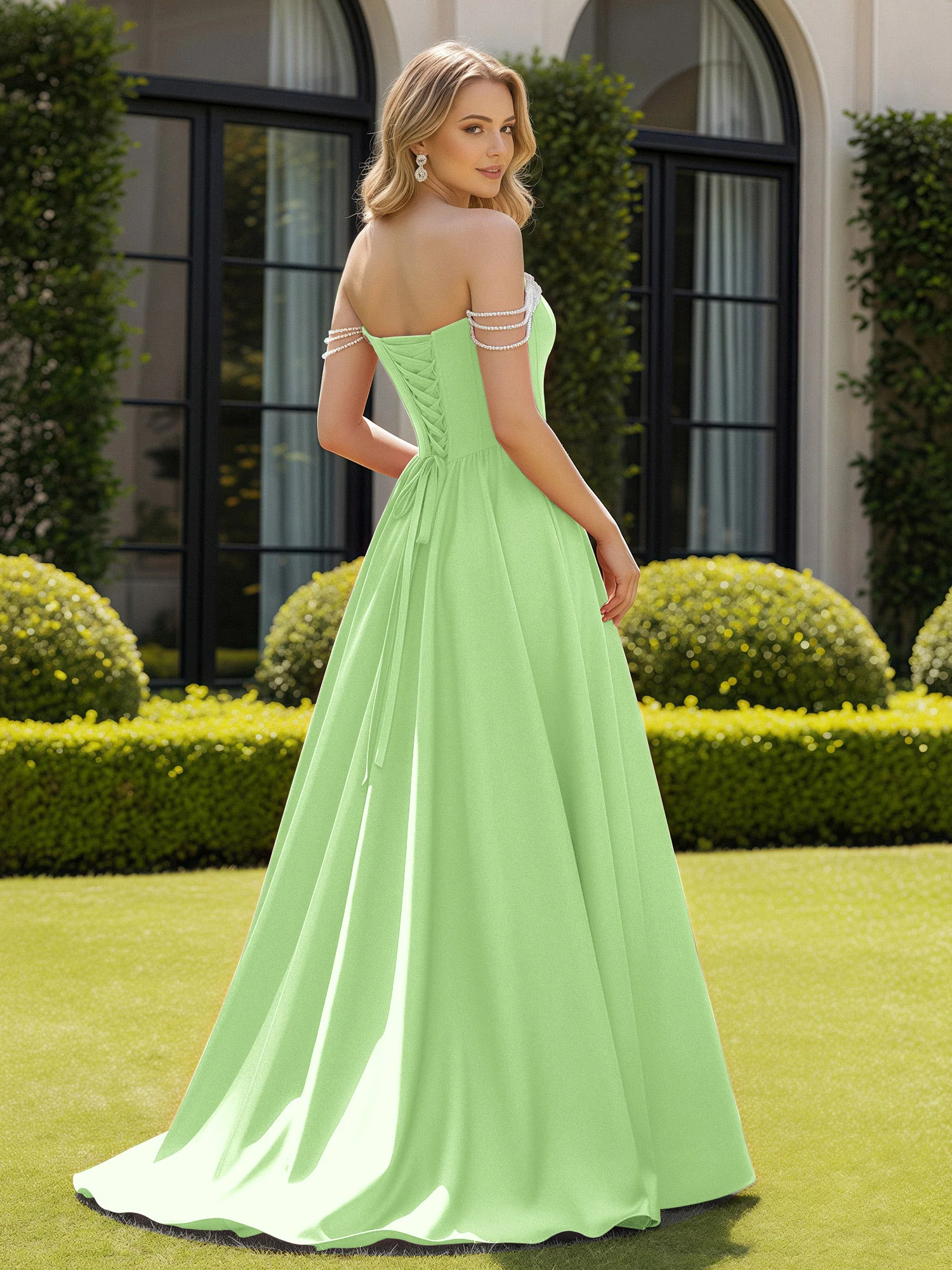 Beaded Off-the-shoulder A-line Sweep Train Slit Gown Sage - Image 2