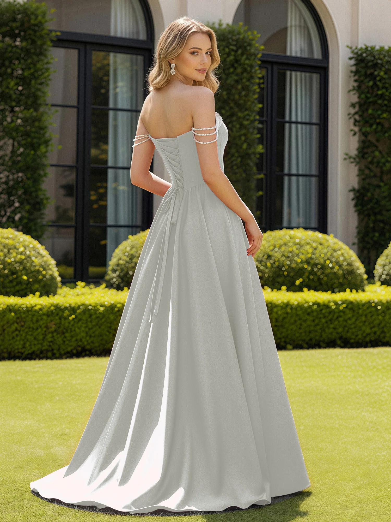 Beaded Off-the-shoulder A-line Sweep Train Slit Gown Silver - Image 2