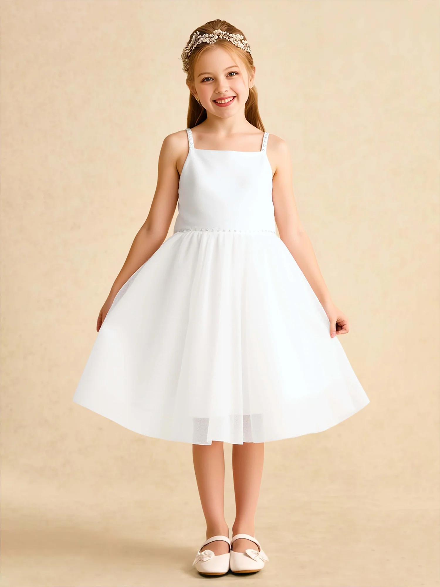 Beaded Square Neck A-Line Tulle Flower Girl Dress White