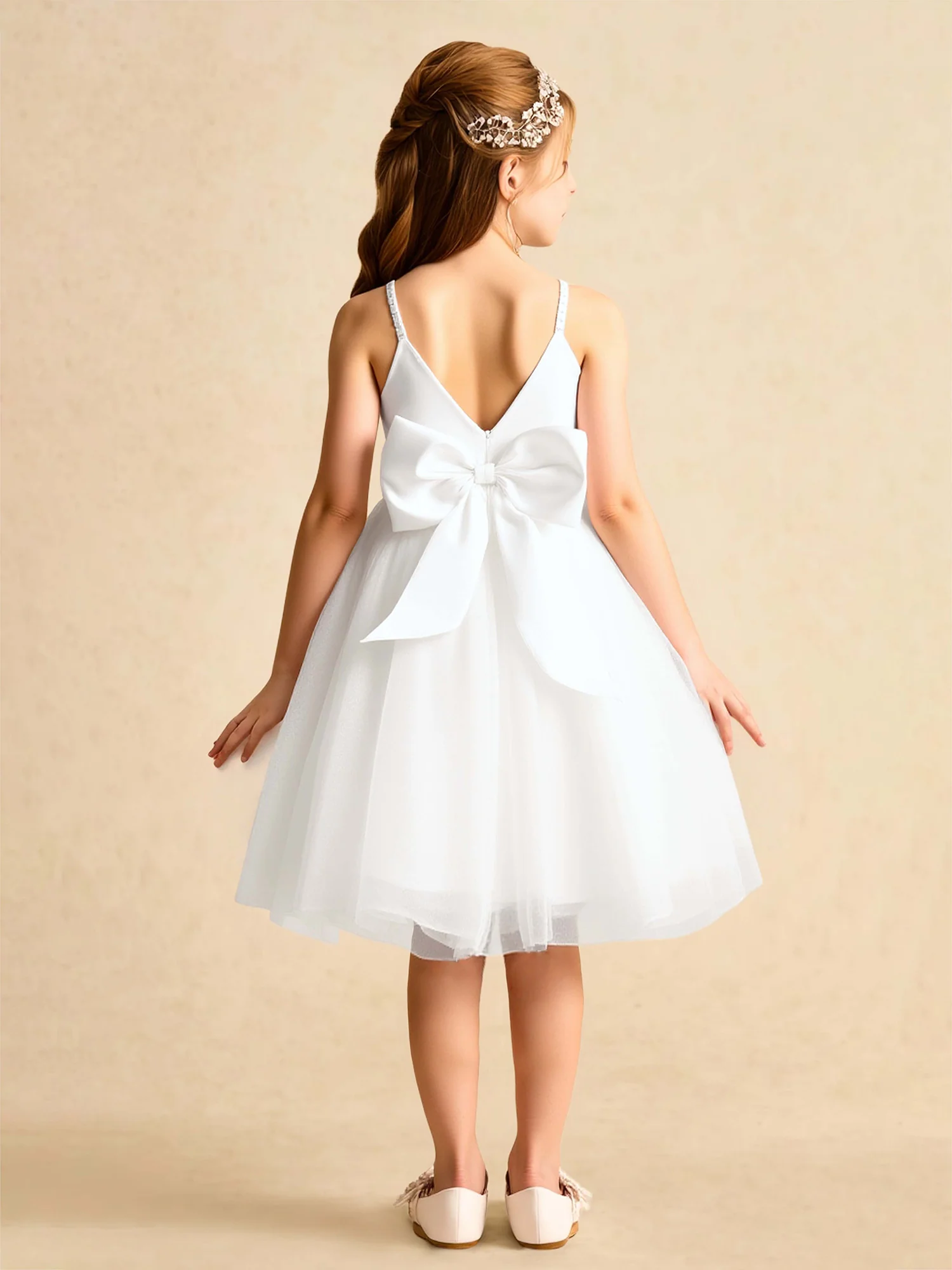 Beaded Square Neck A-Line Tulle Flower Girl Dress White - Image 2