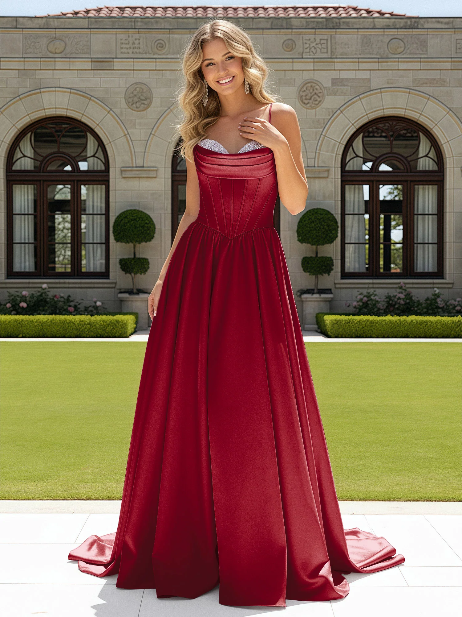 Beaded Sweetheart Corset Sweep Train Gown Burgundy