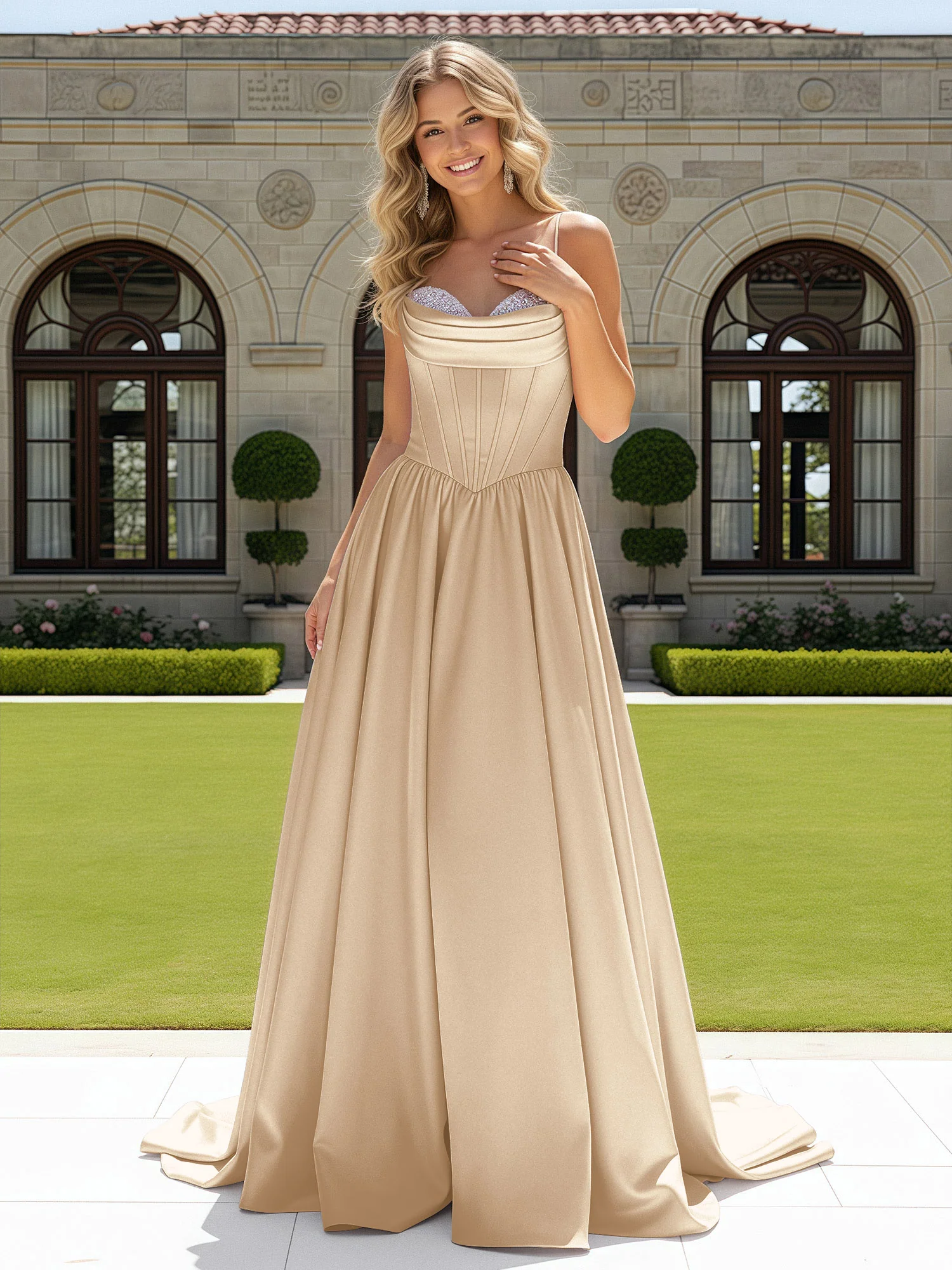 Beaded Sweetheart Corset Sweep Train Gown Champagne