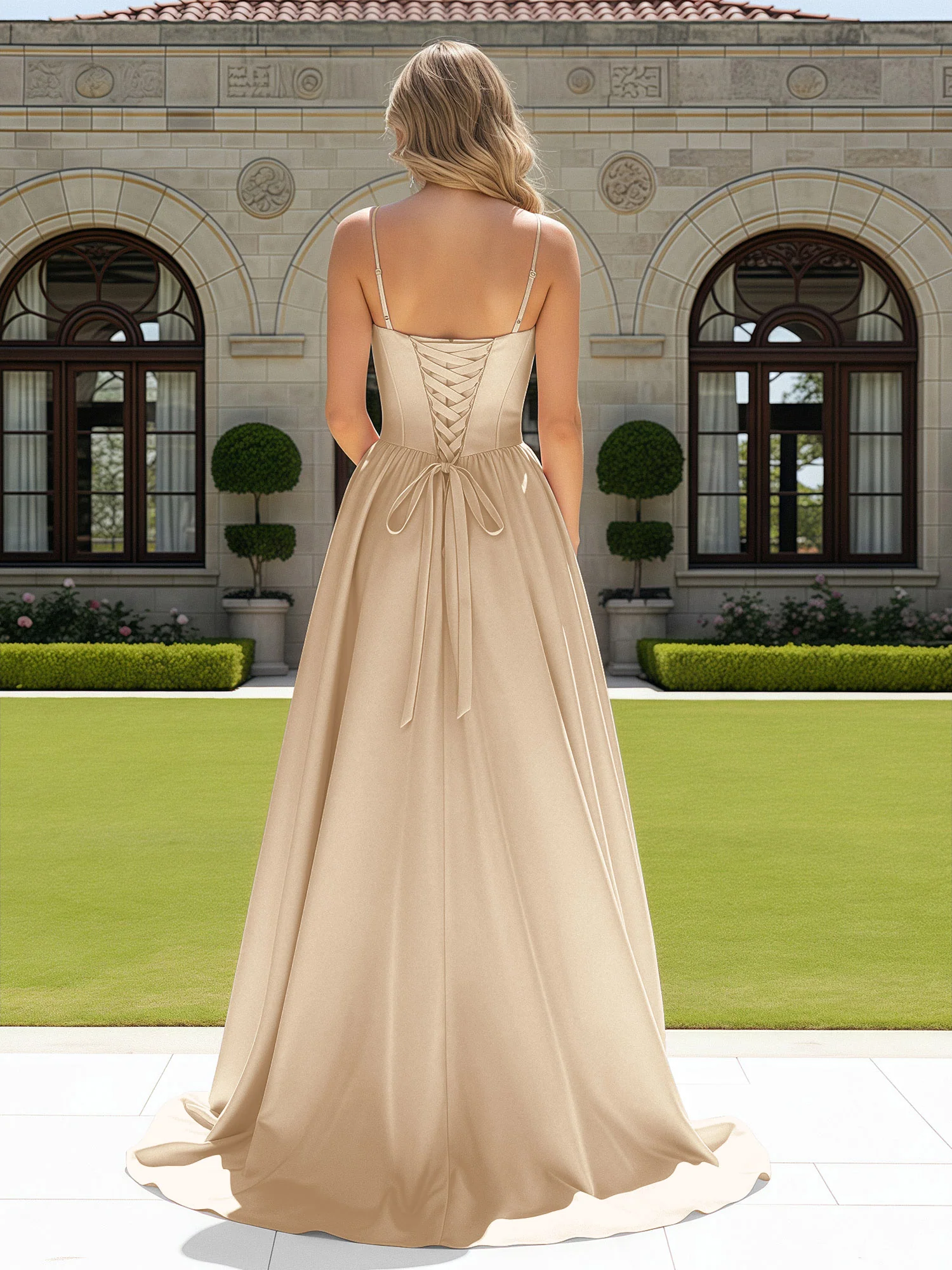 Beaded Sweetheart Corset Sweep Train Gown Champagne - Image 2