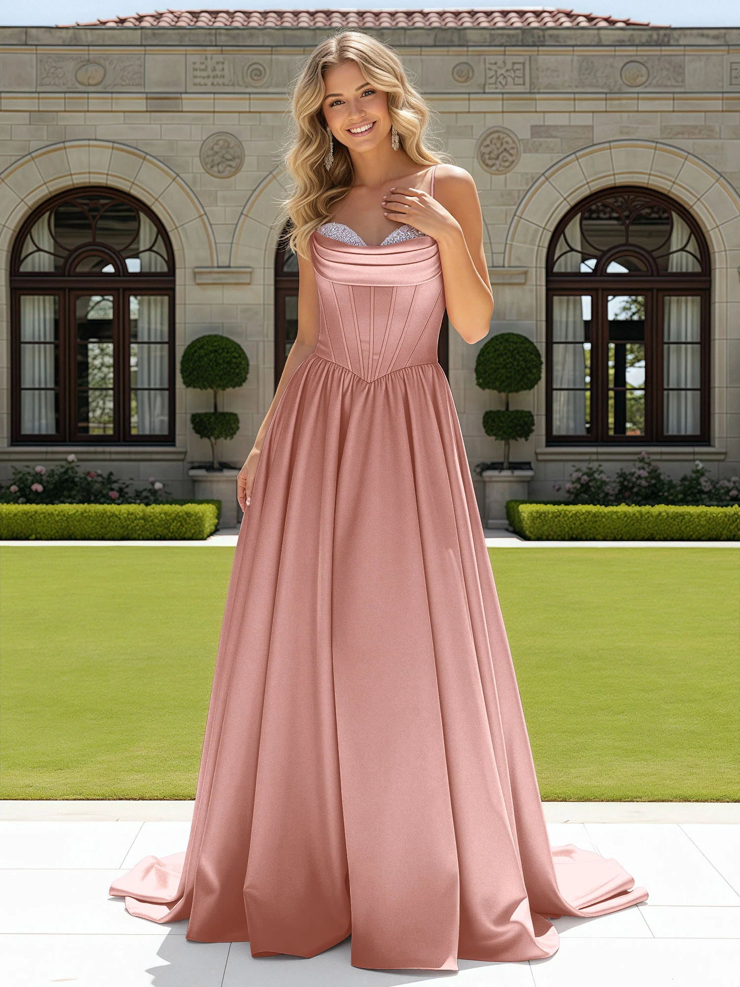 Beaded Sweetheart Corset Sweep Train Gown Dusty Rose