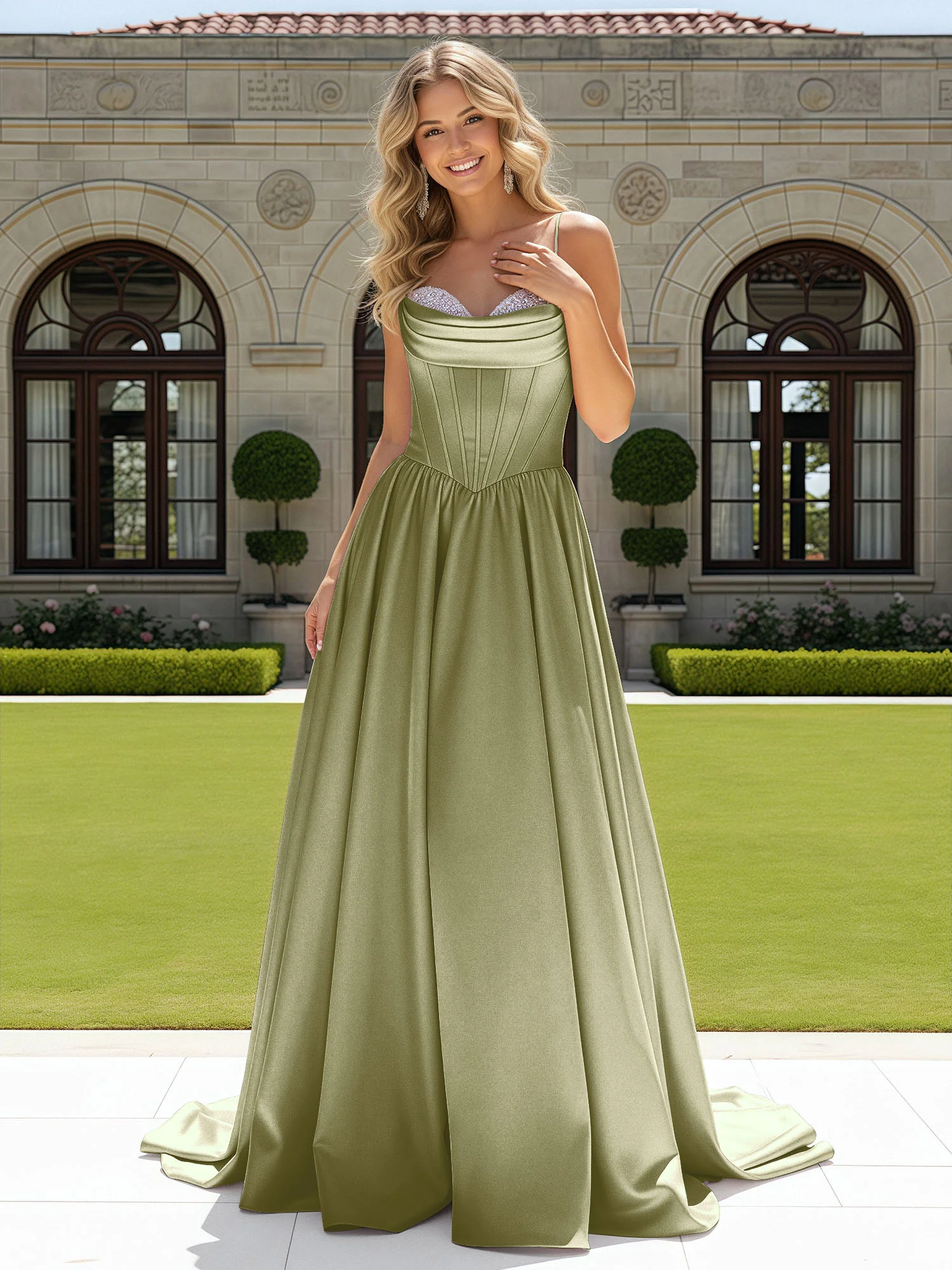 Beaded Sweetheart Corset Sweep Train Gown Dusty Sage
