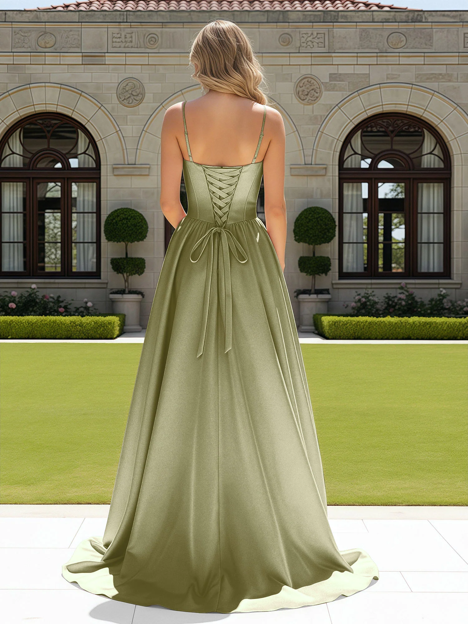 Beaded Sweetheart Corset Sweep Train Gown Dusty Sage - Image 2