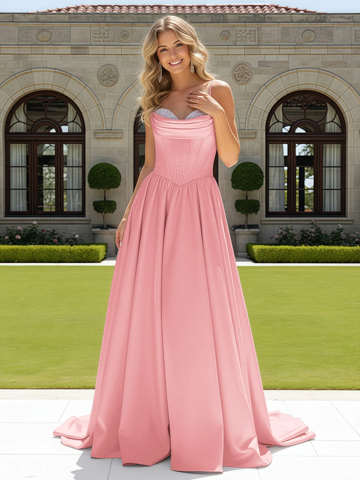 Beaded Sweetheart Corset Sweep Train Gown Flamingo