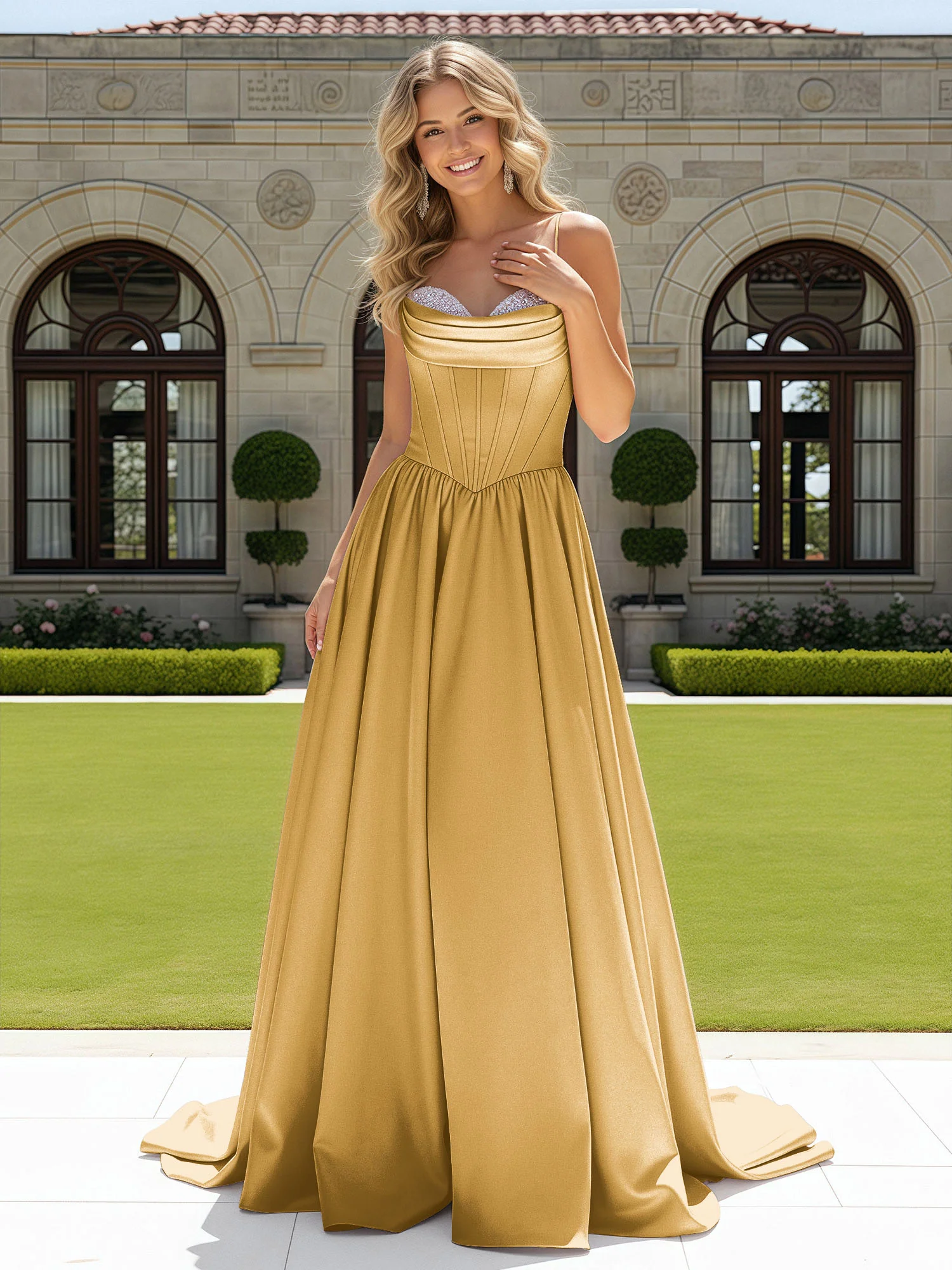 Beaded Sweetheart Corset Sweep Train Gown Gold