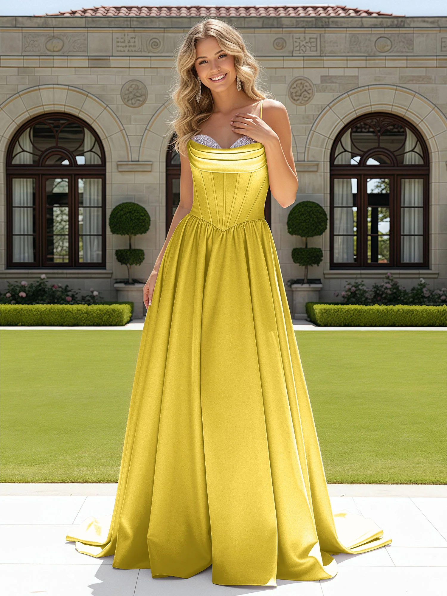 Beaded Sweetheart Corset Sweep Train Gown Marigold