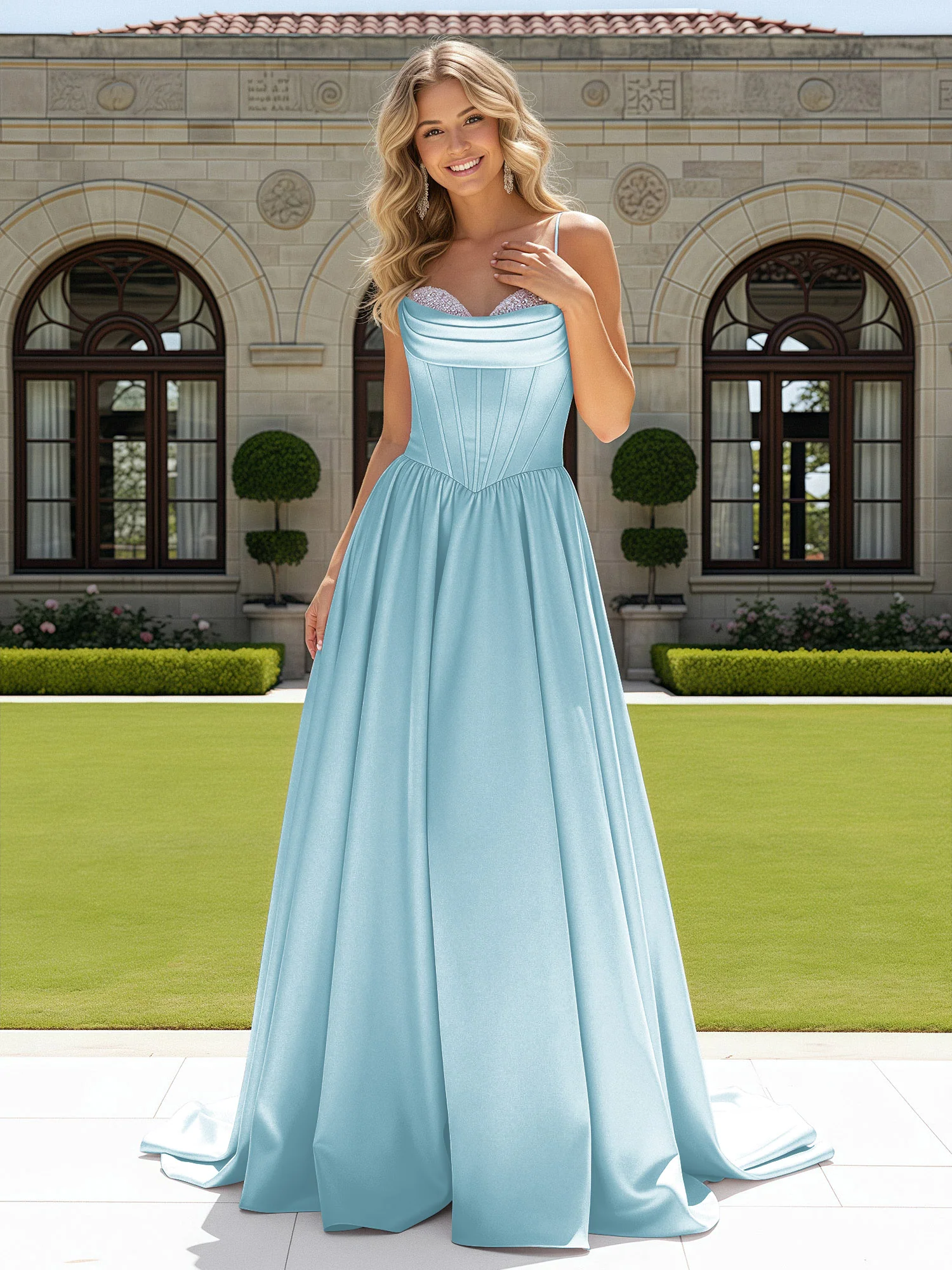 Beaded Sweetheart Corset Sweep Train Gown Mist