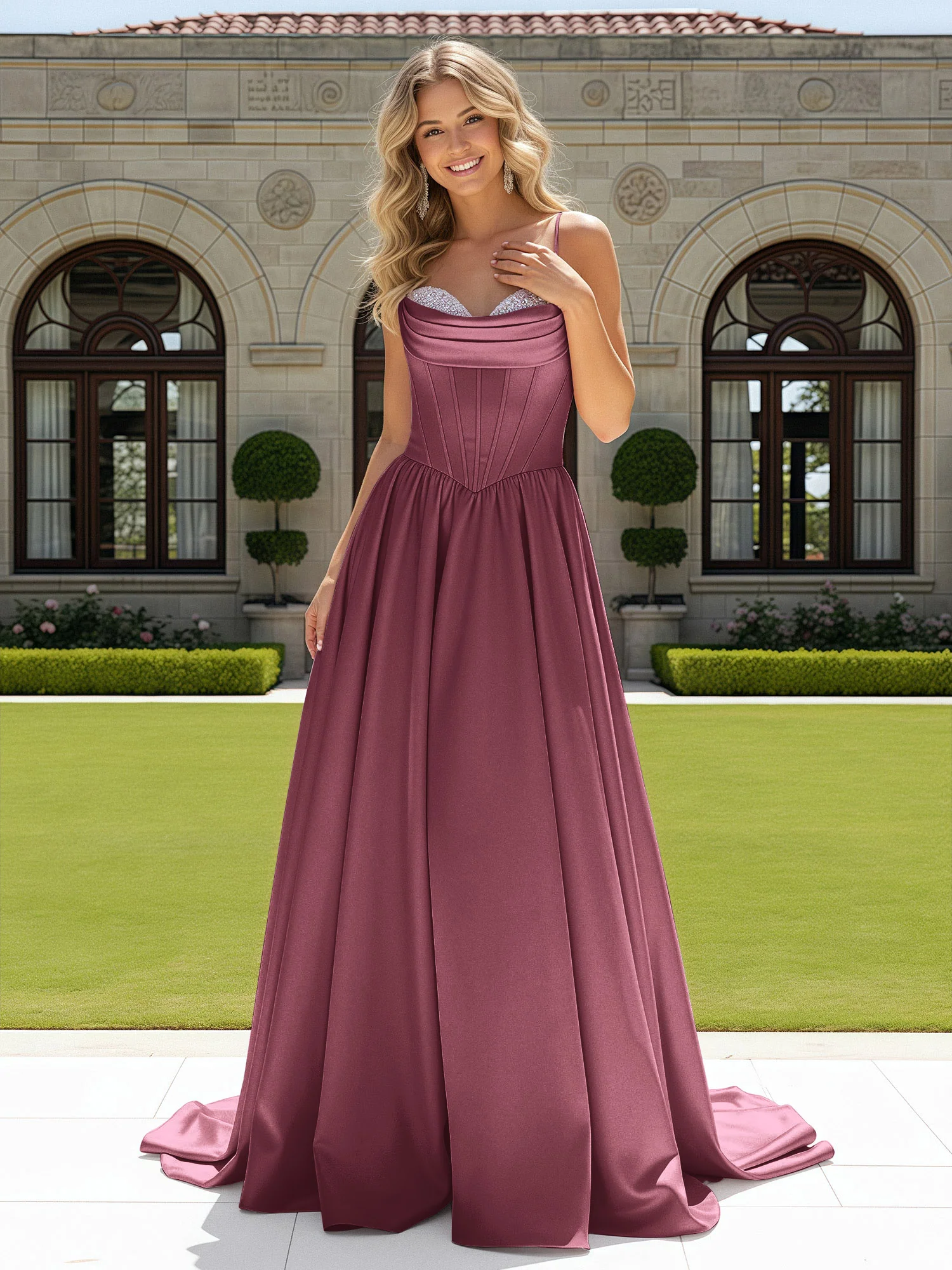 Beaded Sweetheart Corset Sweep Train Gown Mulberry