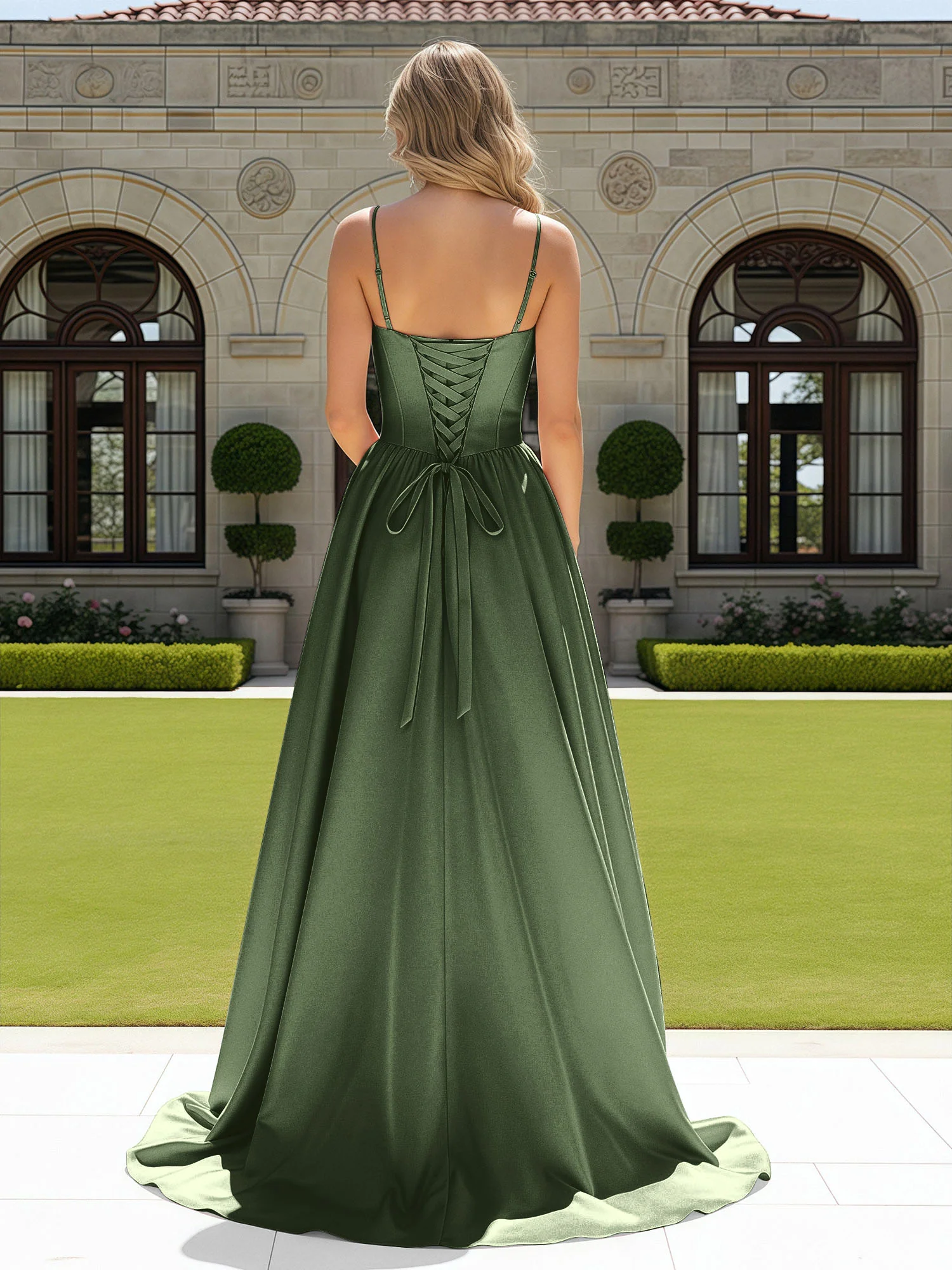 Beaded Sweetheart Corset Sweep Train Gown Olive Green - Image 2