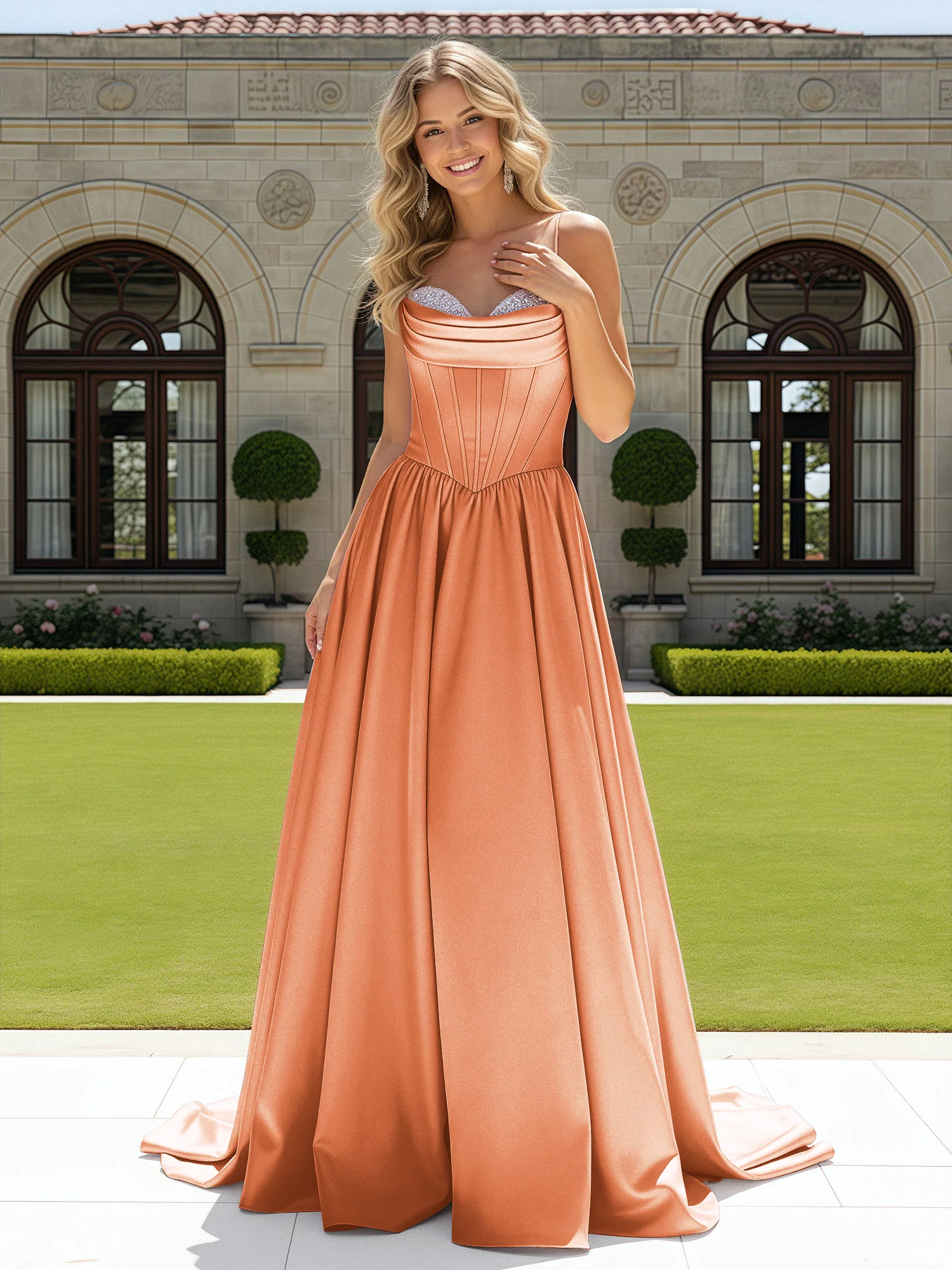Beaded Sweetheart Corset Sweep Train Gown Papaya