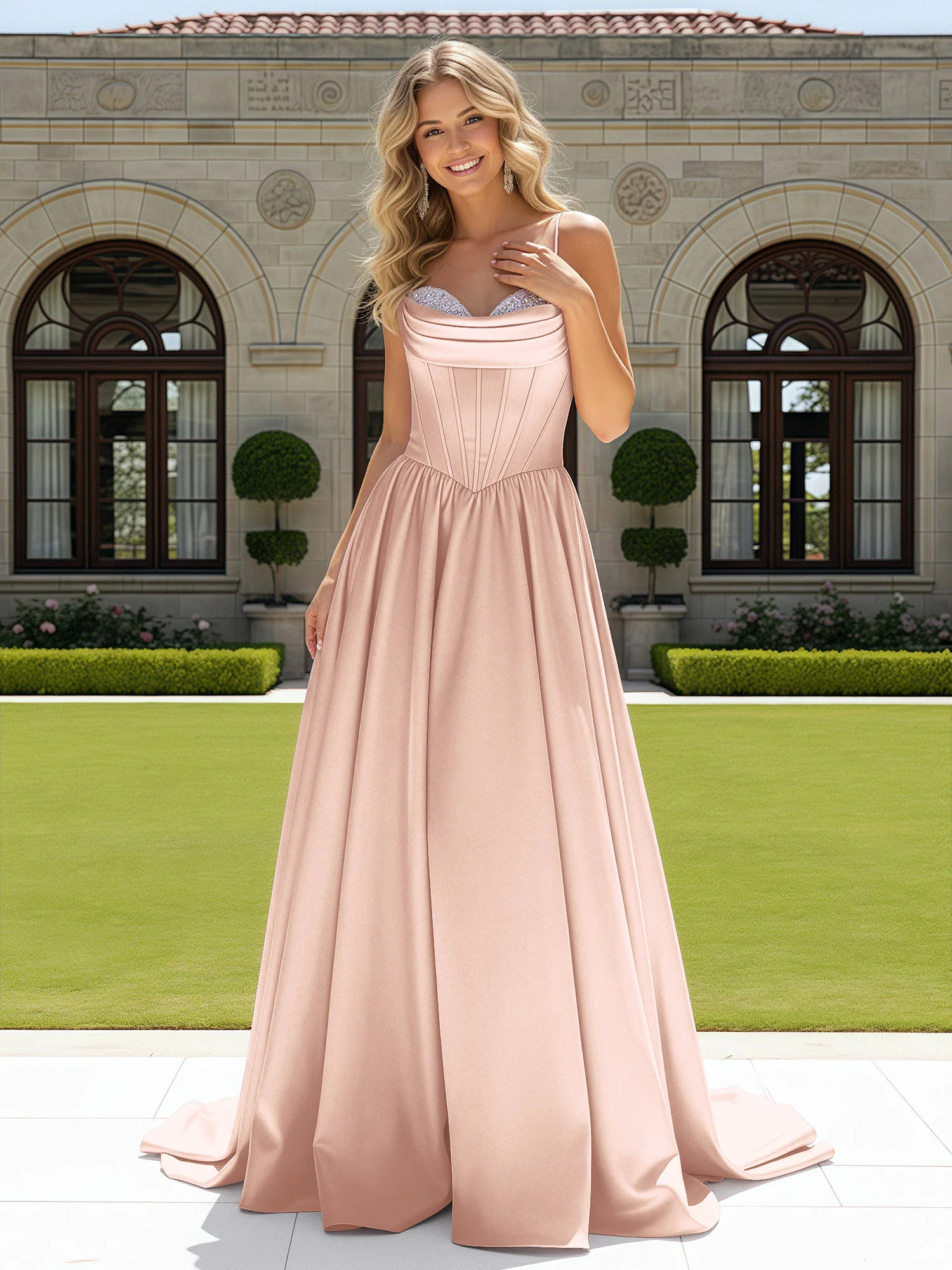 Beaded Sweetheart Corset Sweep Train Gown Pearl Pink