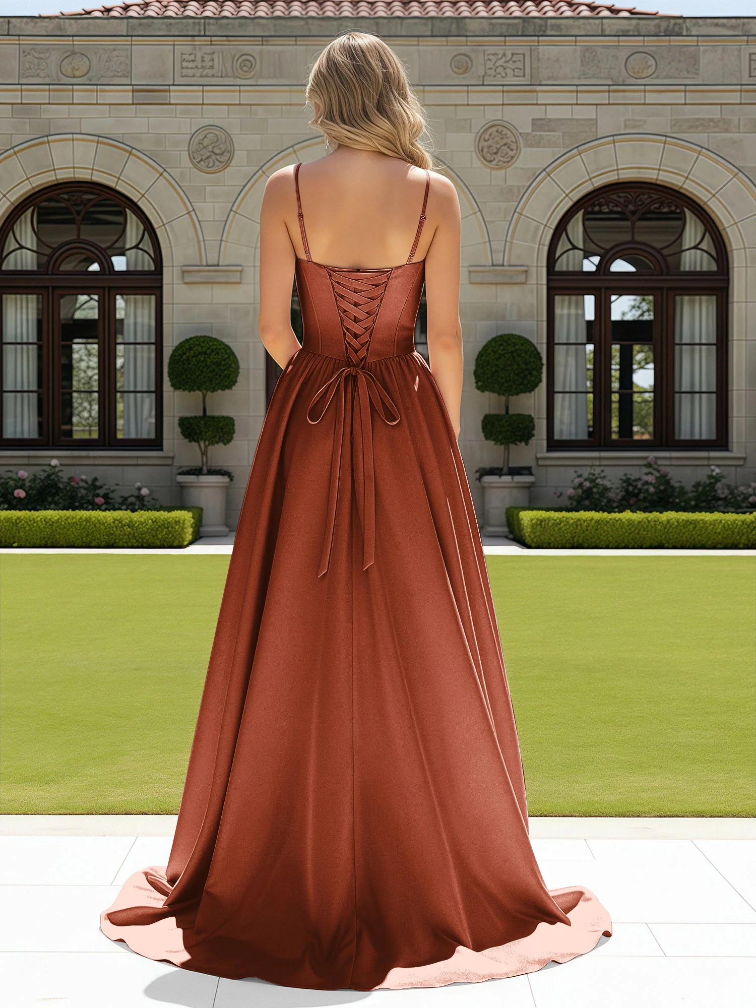 Beaded Sweetheart Corset Sweep Train Gown Rust - Image 2