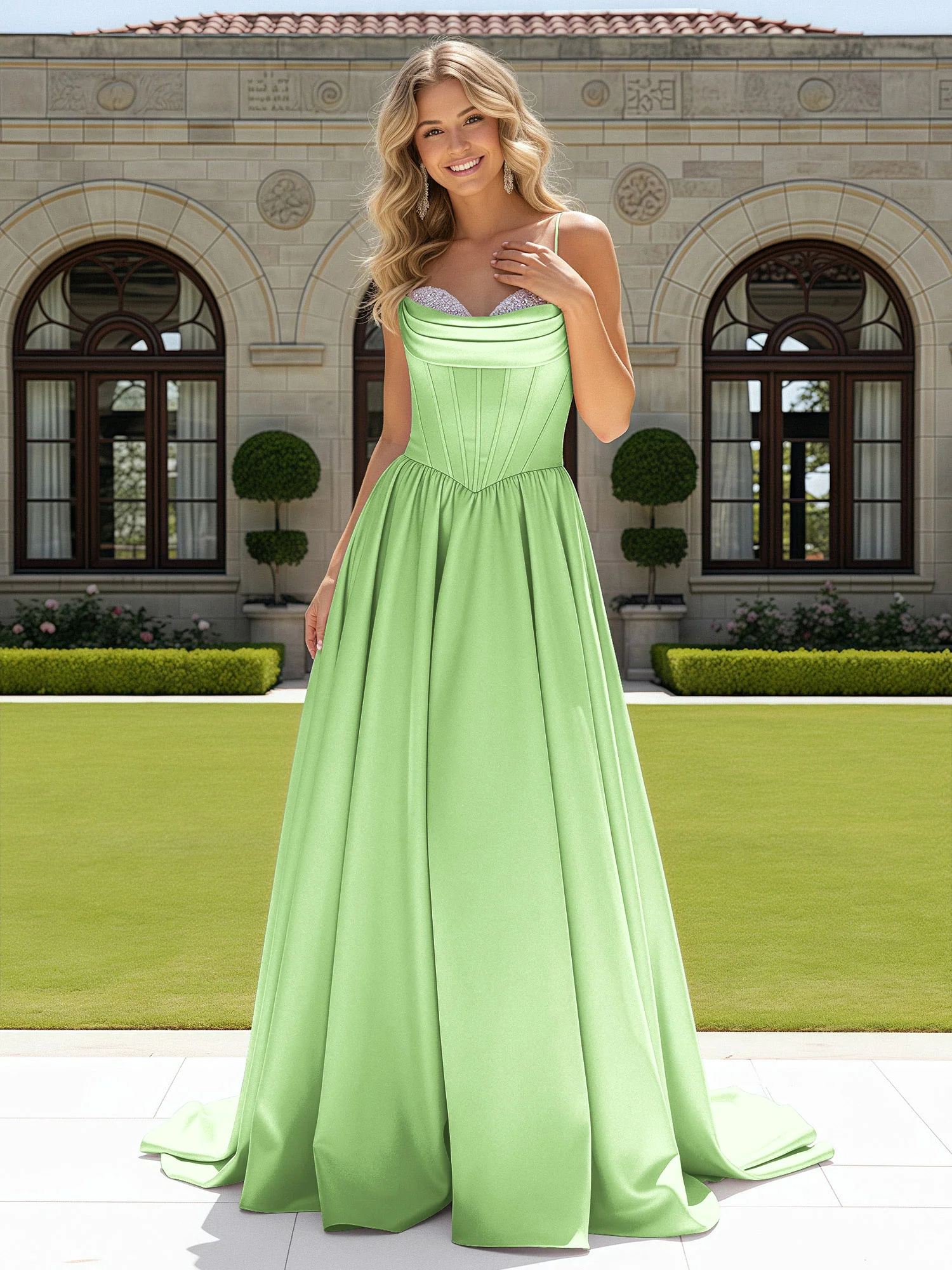 Beaded Sweetheart Corset Sweep Train Gown Sage