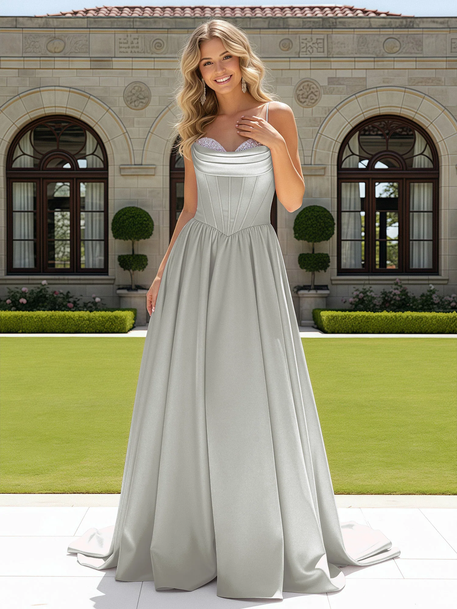 Beaded Sweetheart Corset Sweep Train Gown Silver