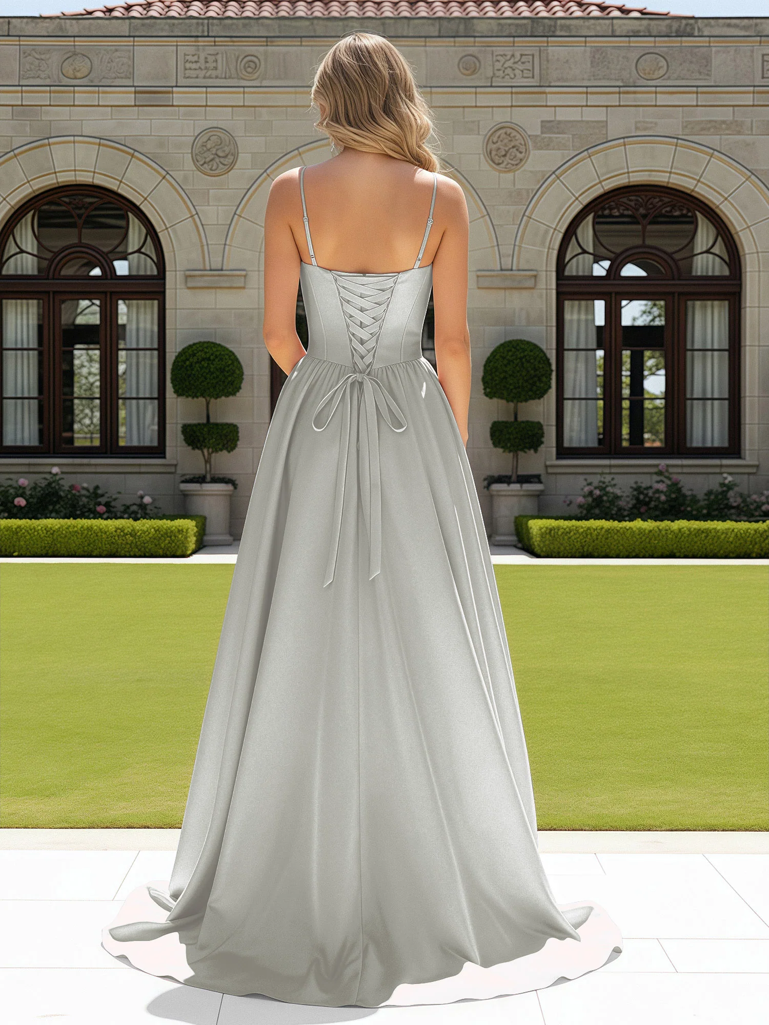 Beaded Sweetheart Corset Sweep Train Gown Silver - Image 2