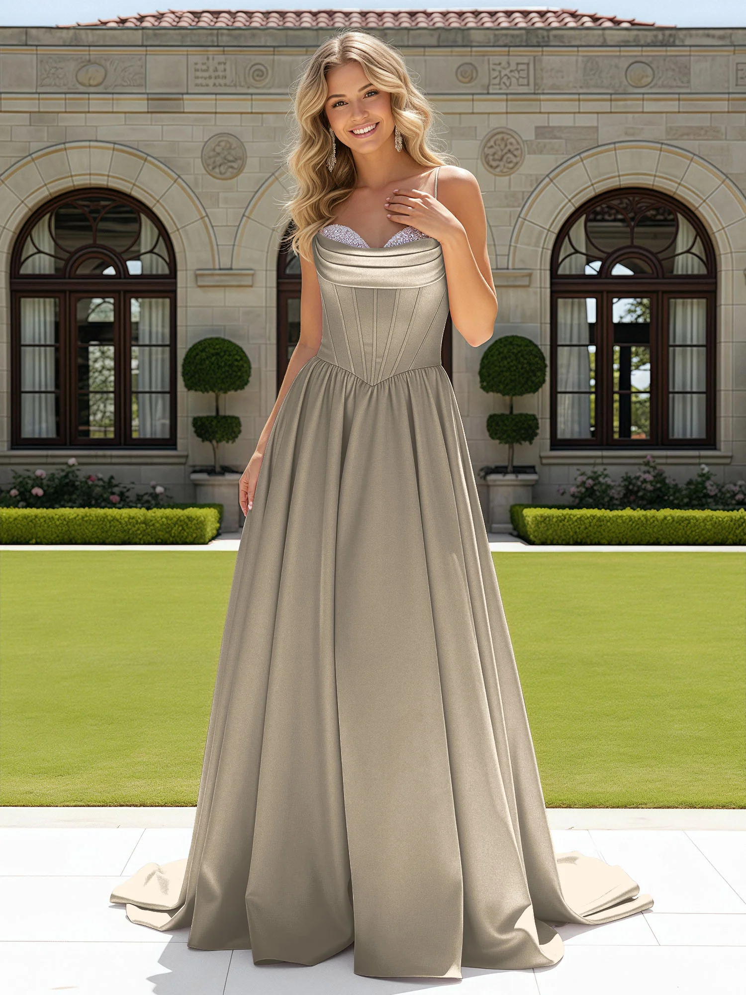 Beaded Sweetheart Corset Sweep Train Gown Taupe