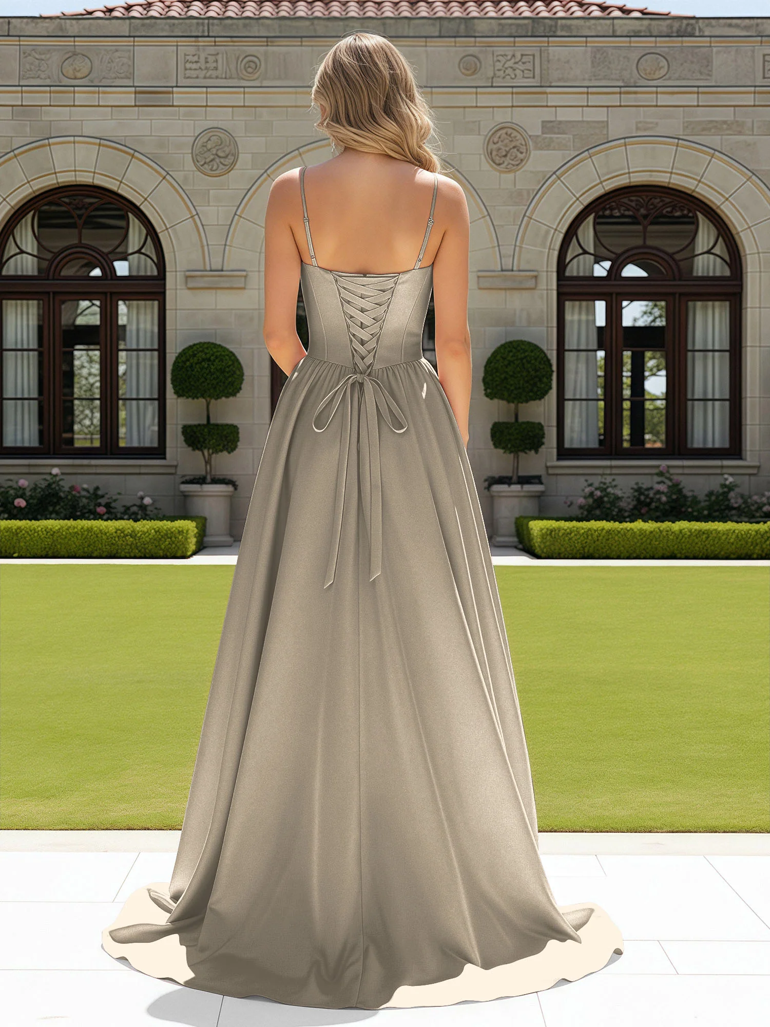 Beaded Sweetheart Corset Sweep Train Gown Taupe - Image 2