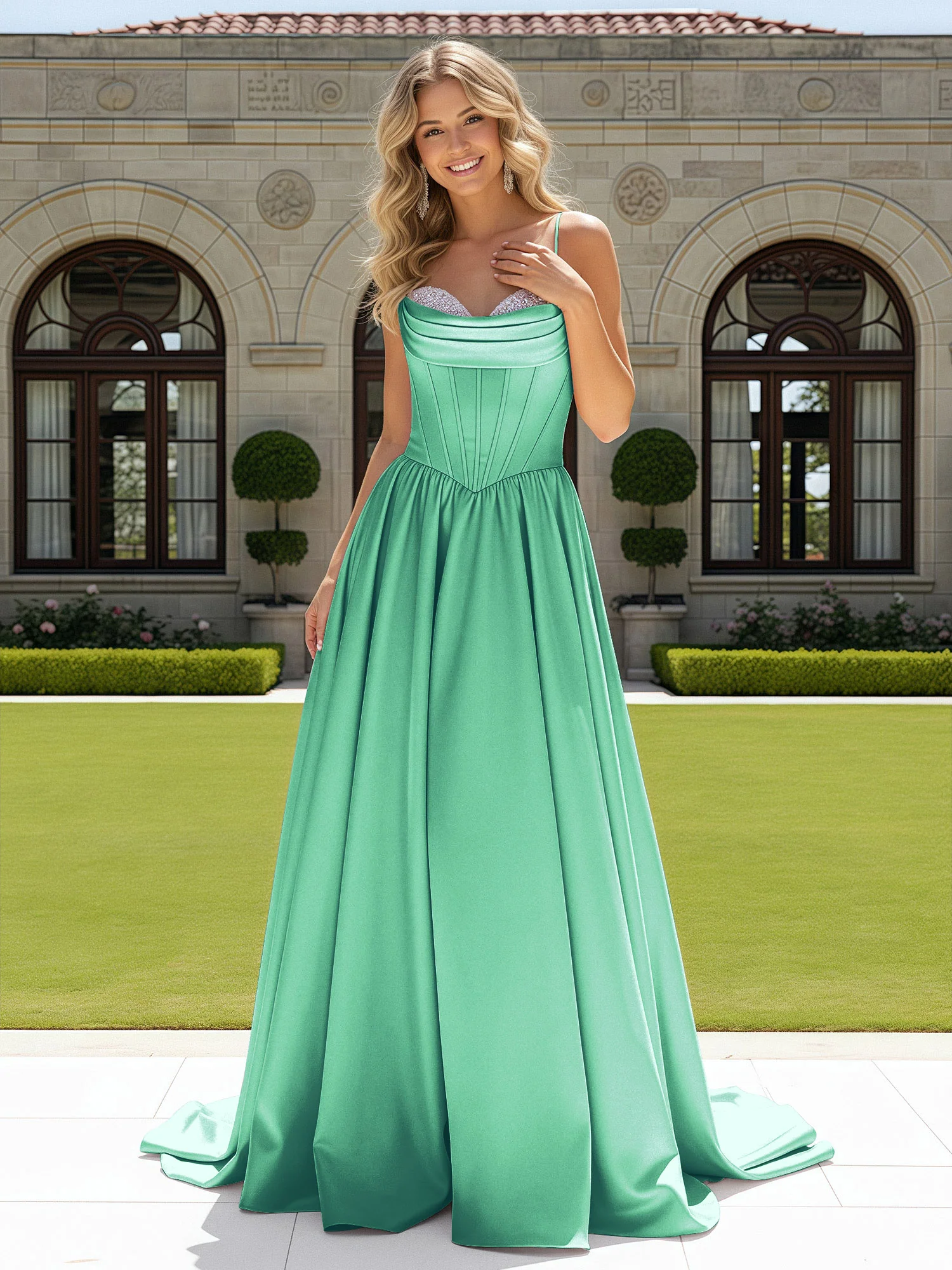 Beaded Sweetheart Corset Sweep Train Gown Turquoise