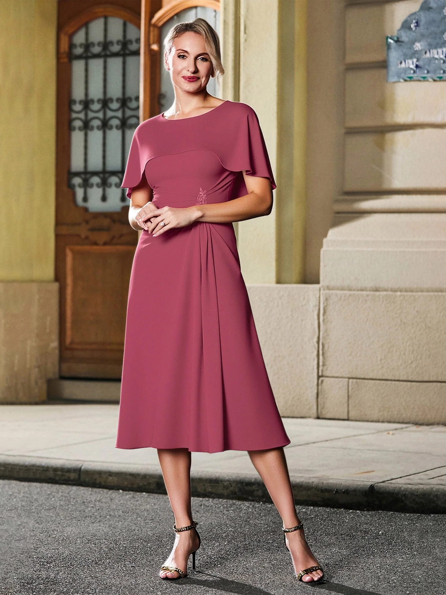 Scoop Neck Flutter Sleeves Appliqued Tea-length Dress Lemon