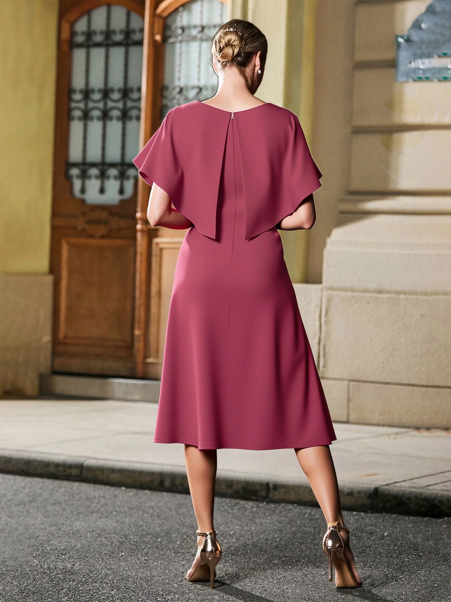 Scoop Neck Flutter Sleeves Appliqued Tea-length Dress Stormy - Image 2