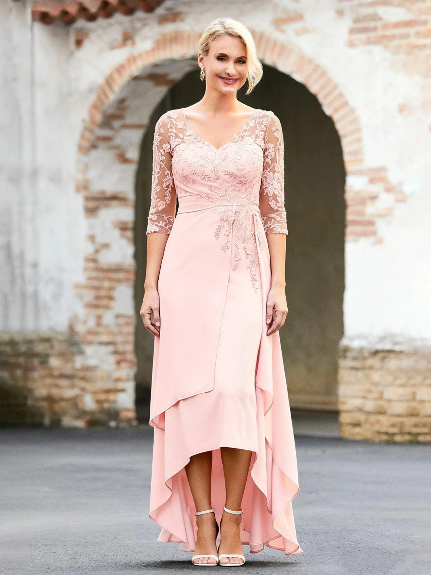 V-neck Appliqued Chiffon A-Line Asymmetrical Dress Slate Blue