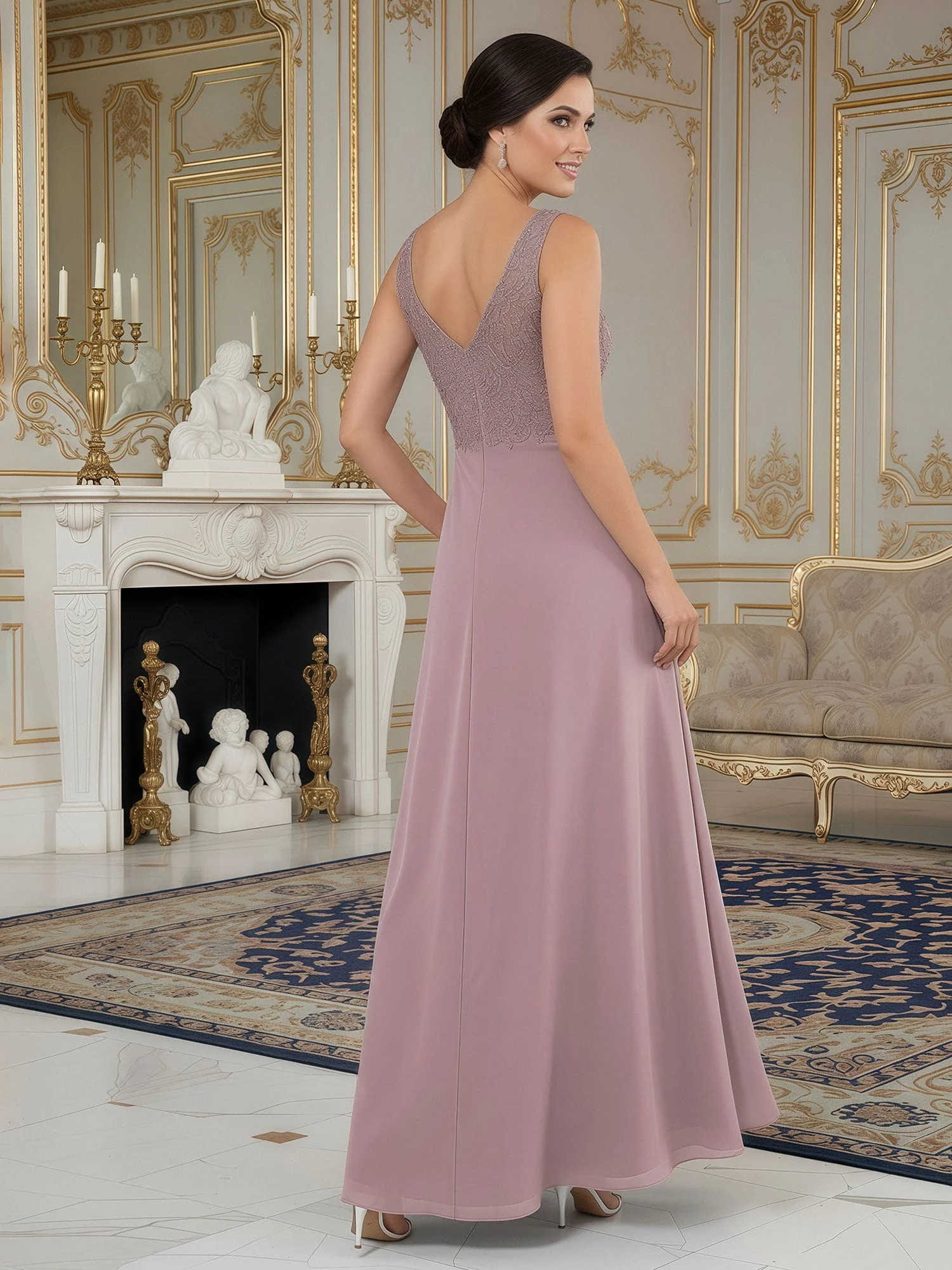 A-Line Lace V-neck Chiffon Asymmetrical Dress Mist - Image 2