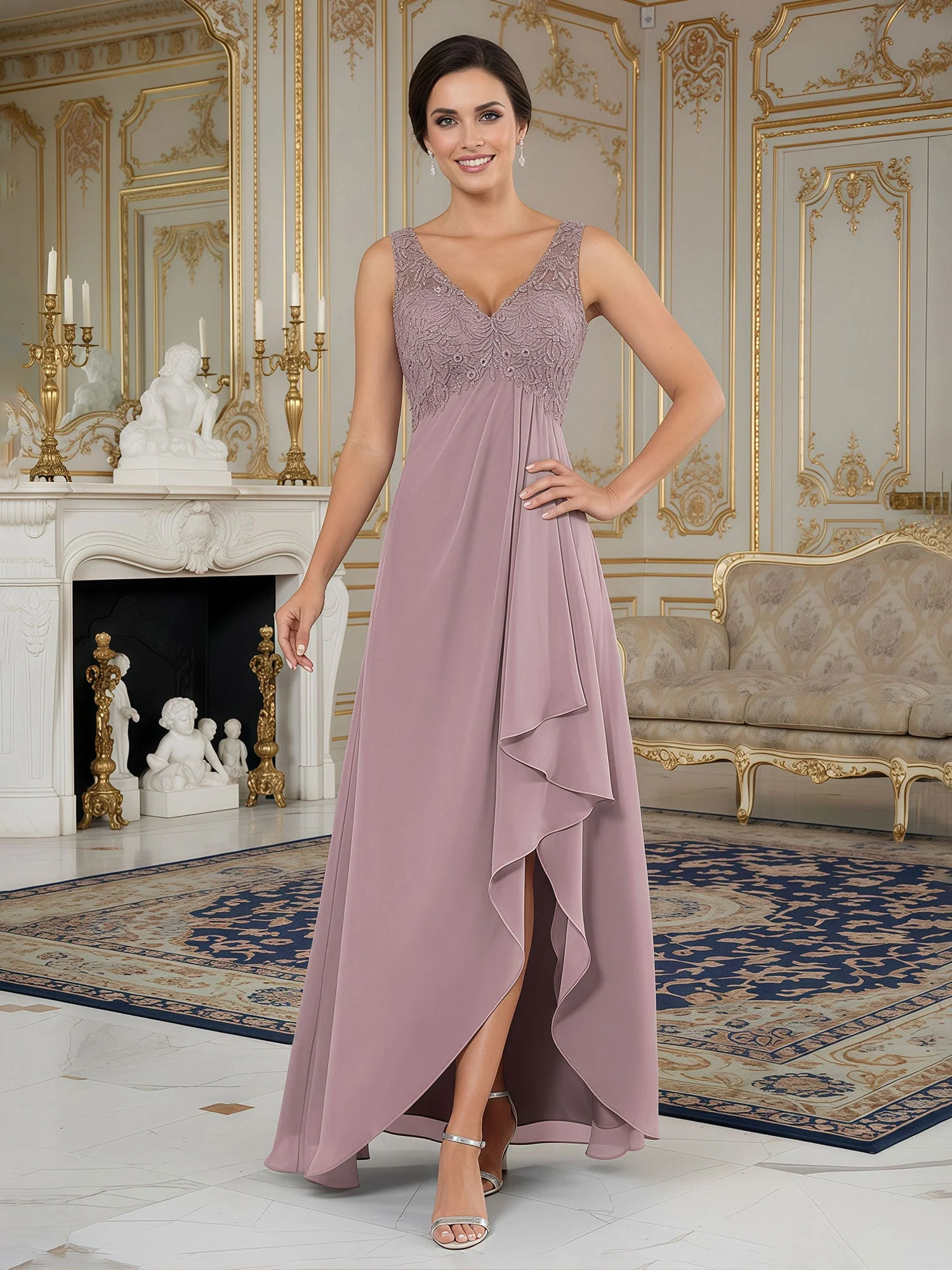 A-Line Lace V-neck Chiffon Asymmetrical Dress Stormy