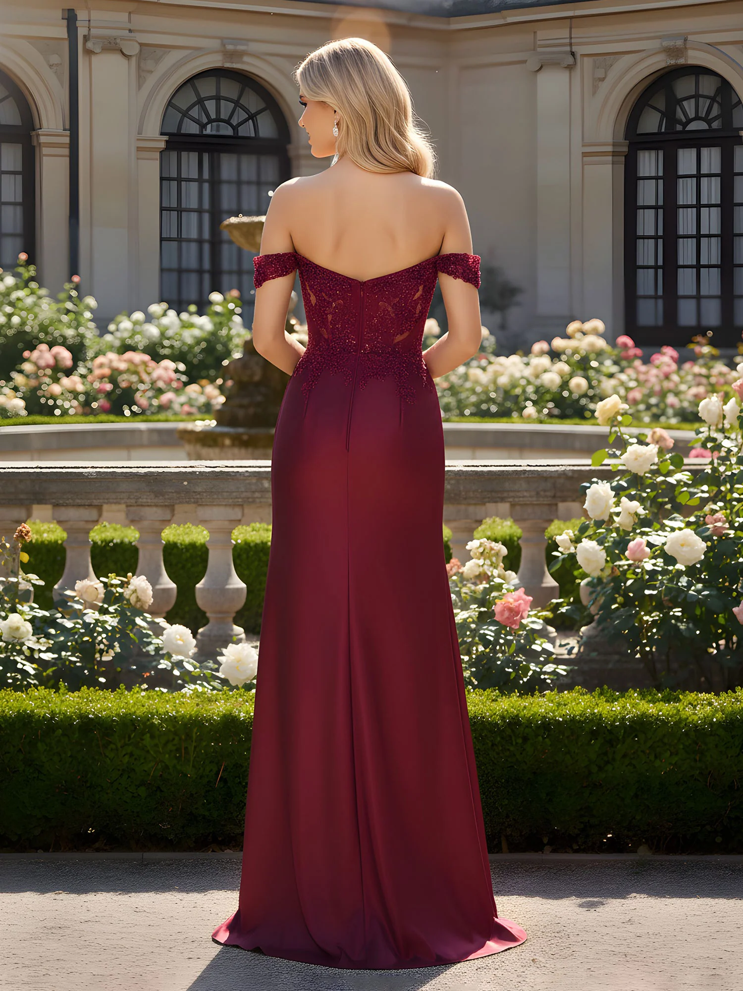 Off-Shoulder Beaded Bodice Sheath Formal Gown Burgundy - Image 2