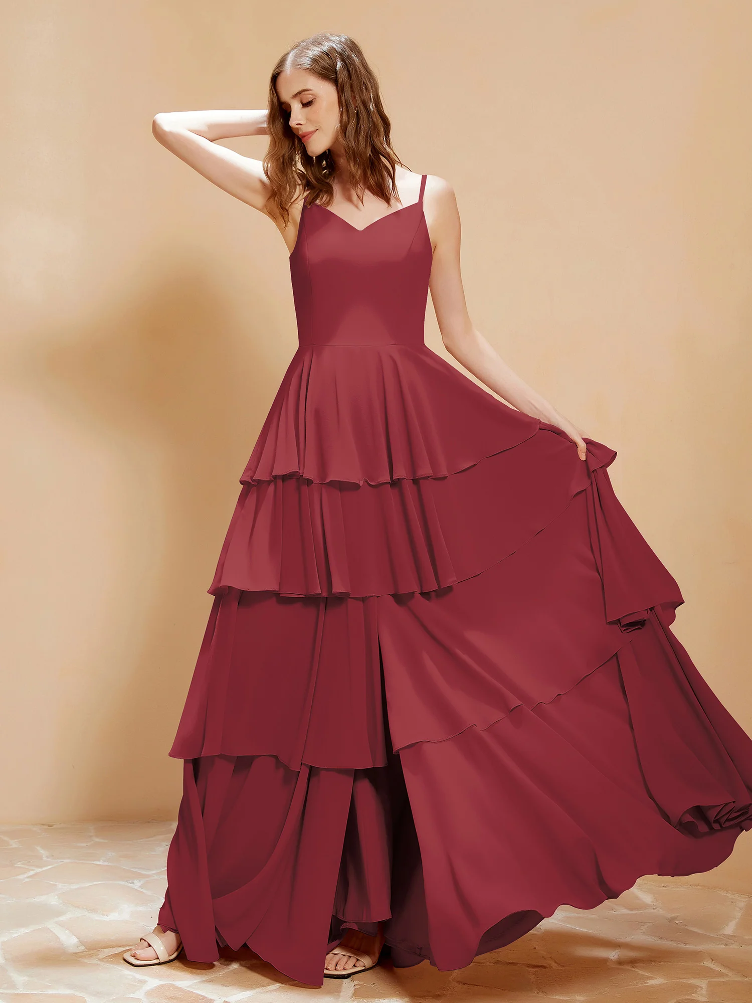 Boho V-neck Floor-length Dress Flowy Ruffles Cinnamon Rose