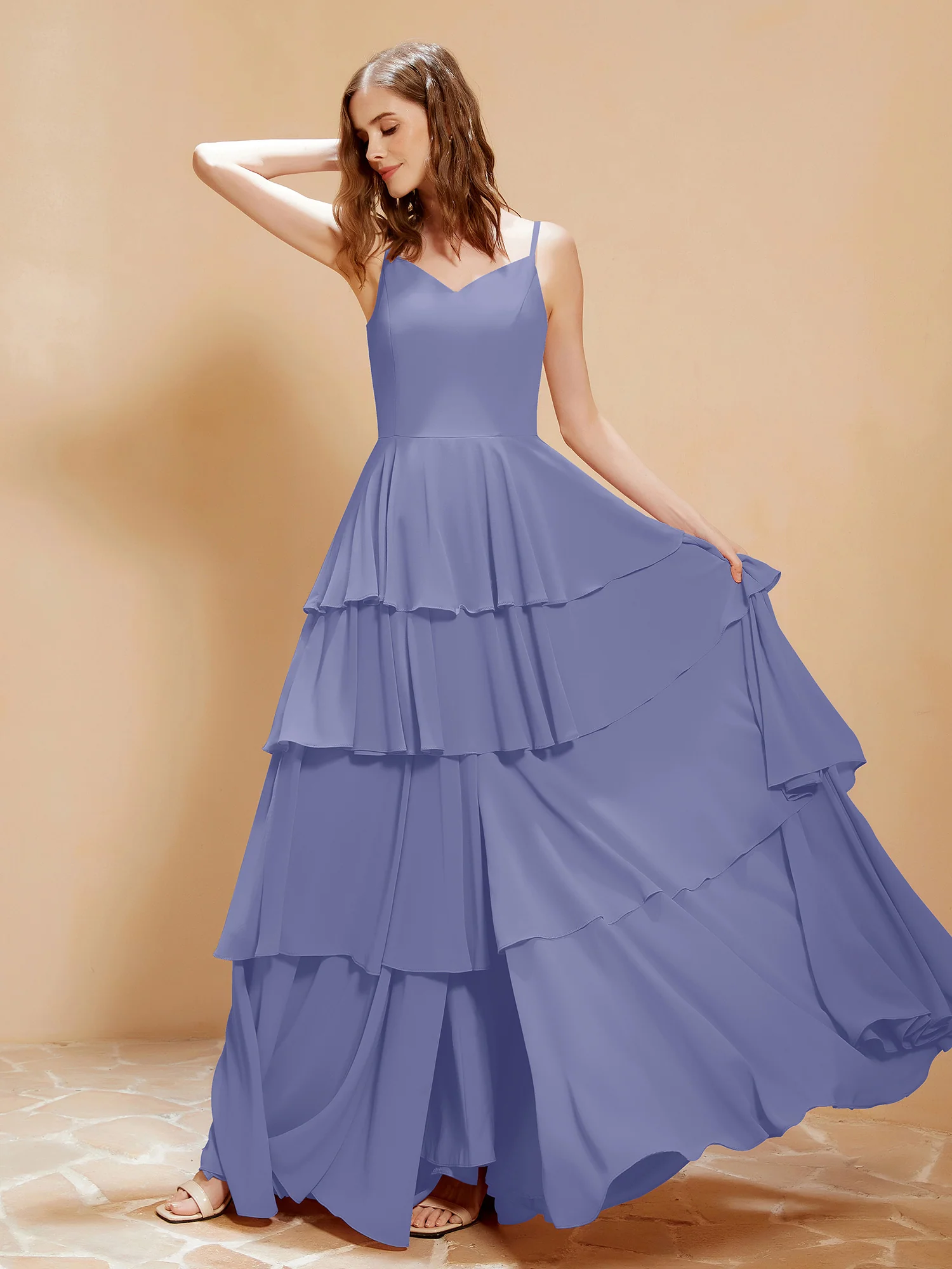 Boho V-neck Floor-length Dress Flowy Ruffles Periwinkle