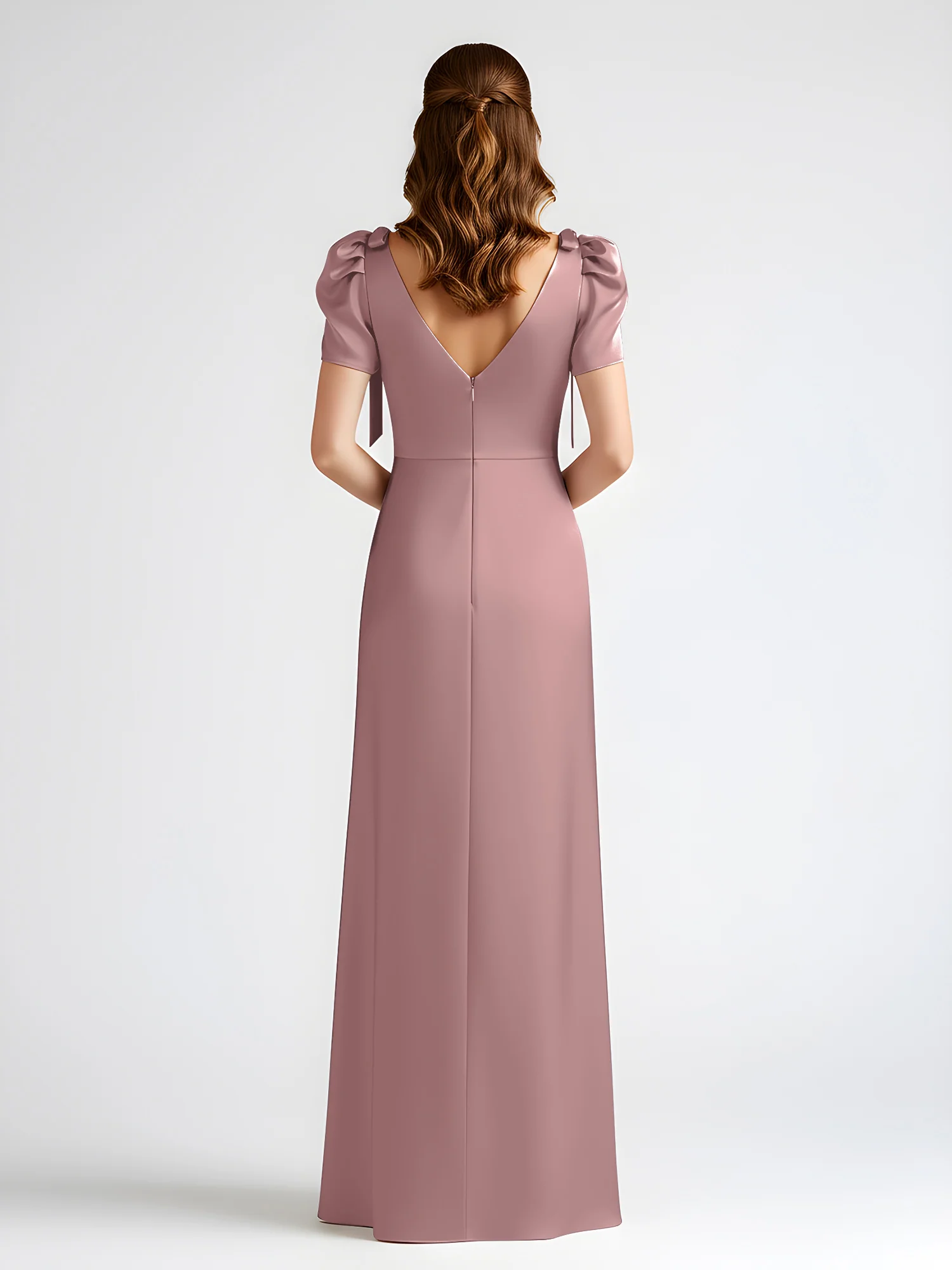 Bow-Detail Short Sleeve Satin Column Maxi Dress Vintage Mauve - Image 2